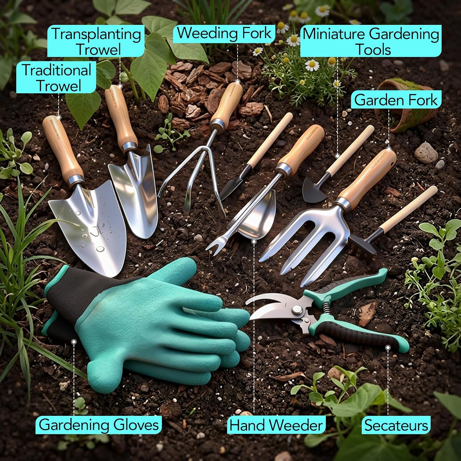 Bluemars Gardening Hand Tool Kit 14PCS Heavy Duty Stainless Steel Gard