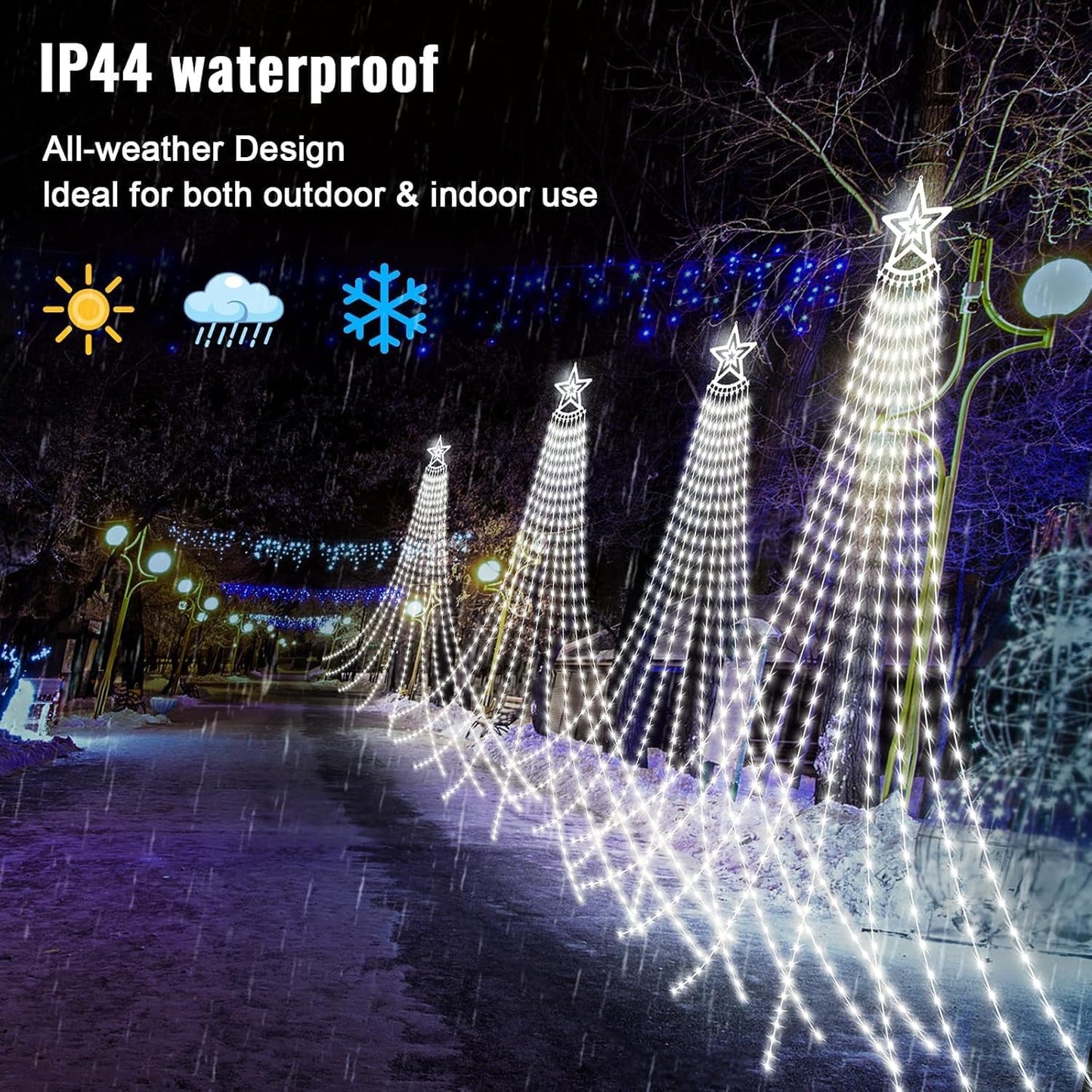 HELESIN Solar Outdoor Christmas Decorations Lights, 350LED Christmas Star Tree Light wth Remote Control, 8 Modes Waterfall Lights USB Charge for Holiday Xmas Tree Patio Yard Decor, Cold White