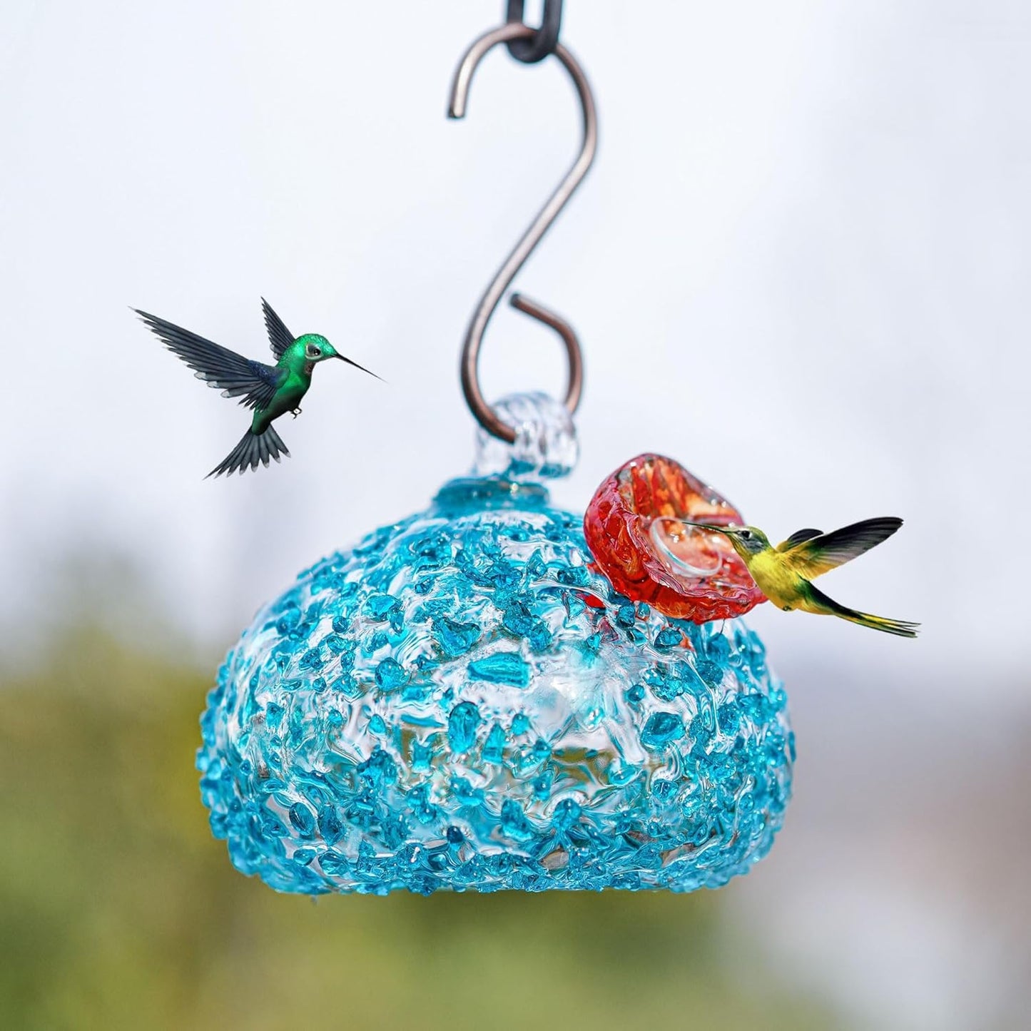Hand Blown Glass Hummingbird Feeder for Outdoors Hanging Glass Humming Bird Feeder for Garden Backyard Decor