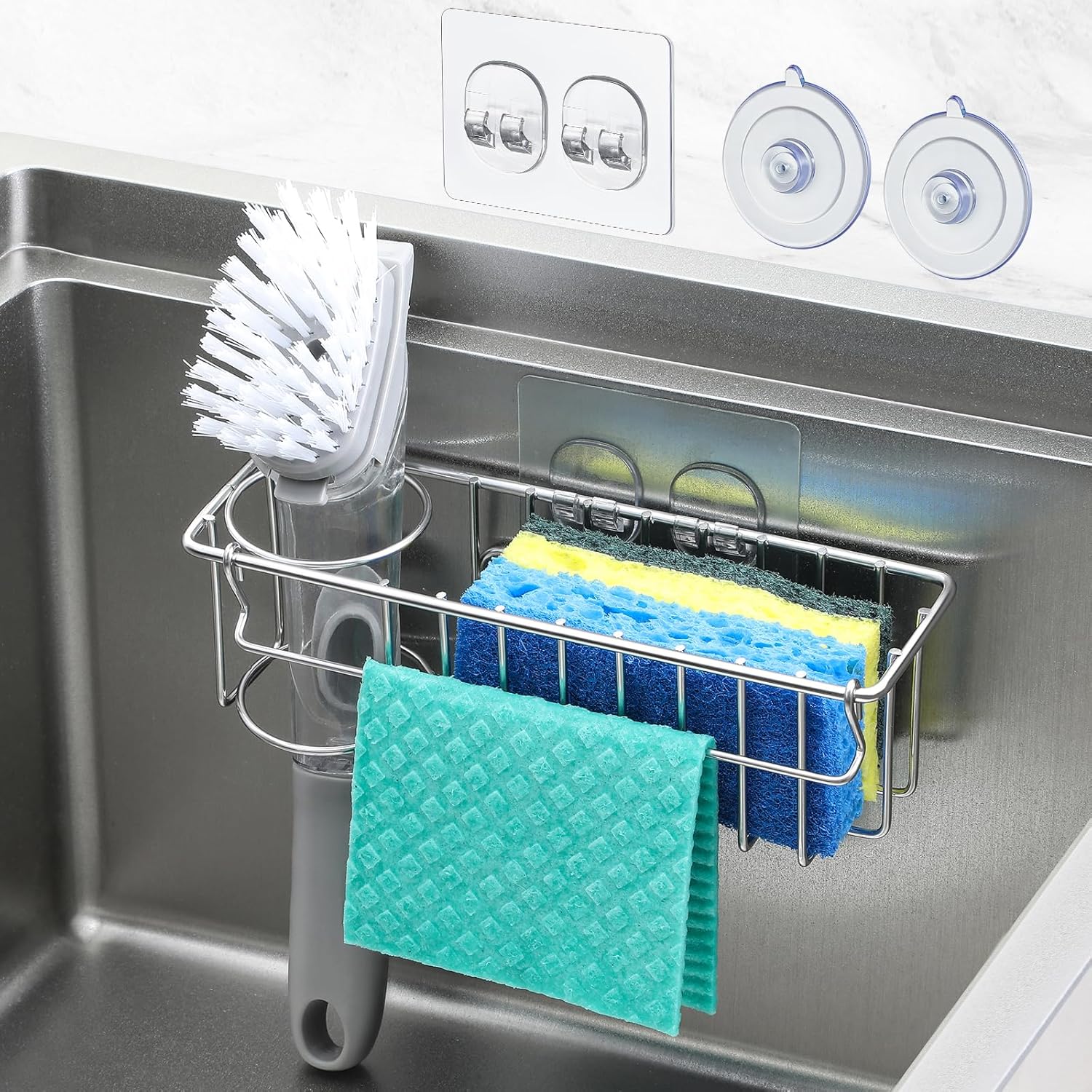 3-In-1 Sponge Holder for Kitchen Sink with Suction Cups & Adhesive Hoo