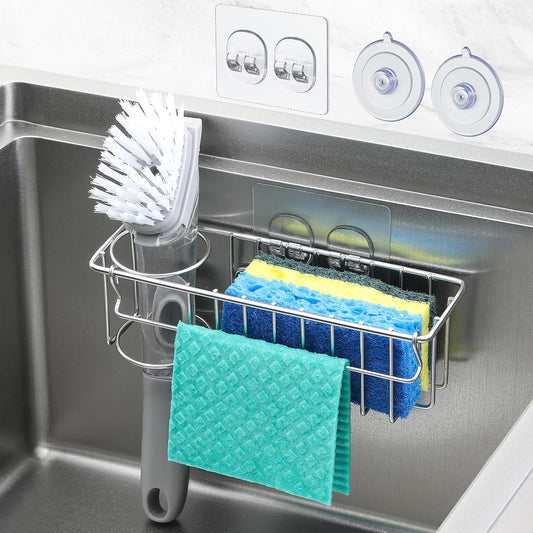 3-In-1 Sponge Holder for Kitchen Sink with Suction Cups & Adhesive Hoo