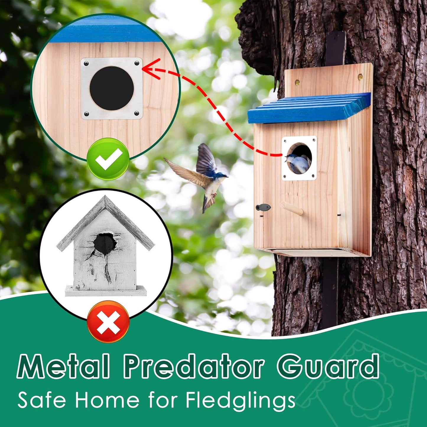 Dreyoo 3 Pack Cedar Bluebird Box Houses for Outside, 1-1/2'' Entrance Hole Wooden Bird Houses with Metal Guard, Secure Latch, Fledgling Grooves, Air Vents for Bluebird Wren Swallow