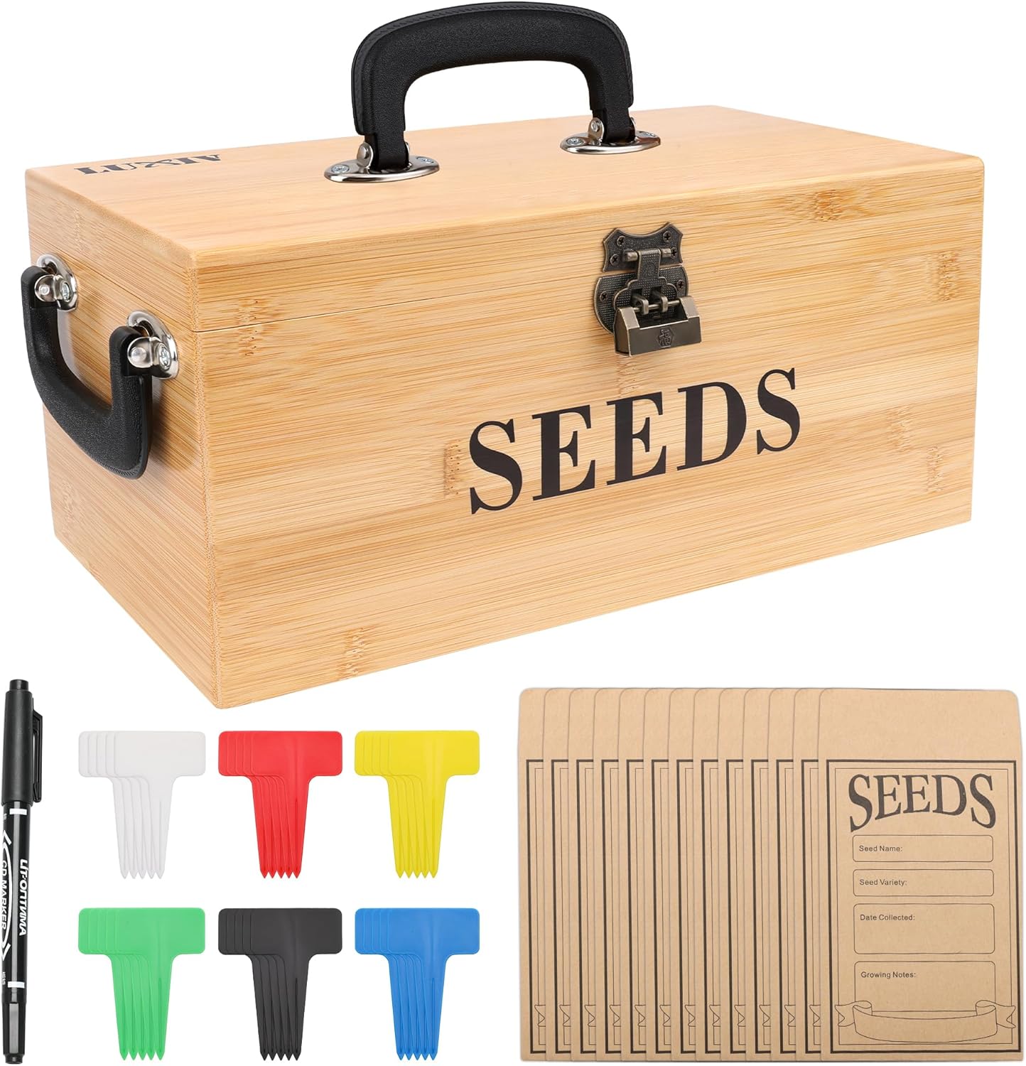 Luxiv Bamboo Seed Saving Box, Wood Seed Storage Organizer Box Large Se