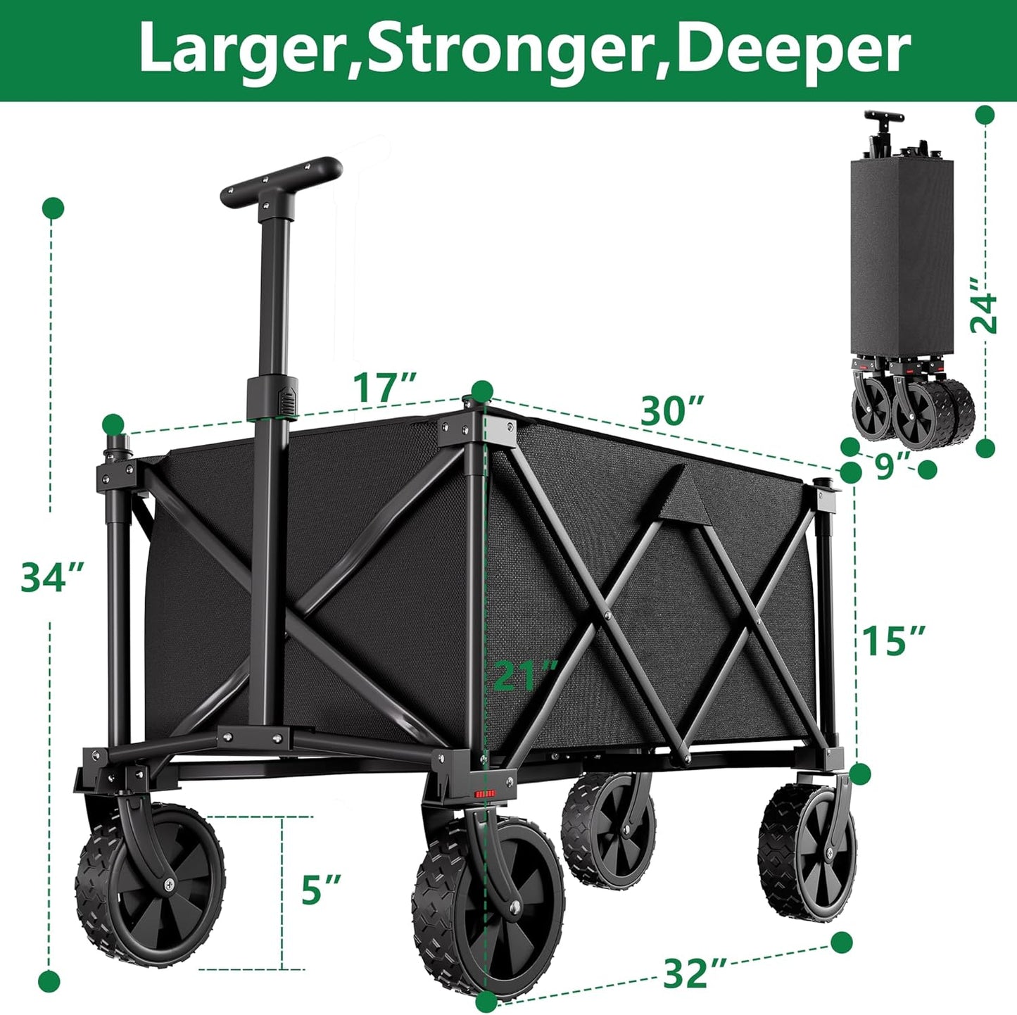BEAU JARDIN Collapsible Folding Wagon Cart with Big Wheels Foldable Cart with 400LBS Capacity Utility Lightweight Wagon Heavy Duty Grocery Cart for Skiing Ice Fishing Camping Garden Shopping Christmas