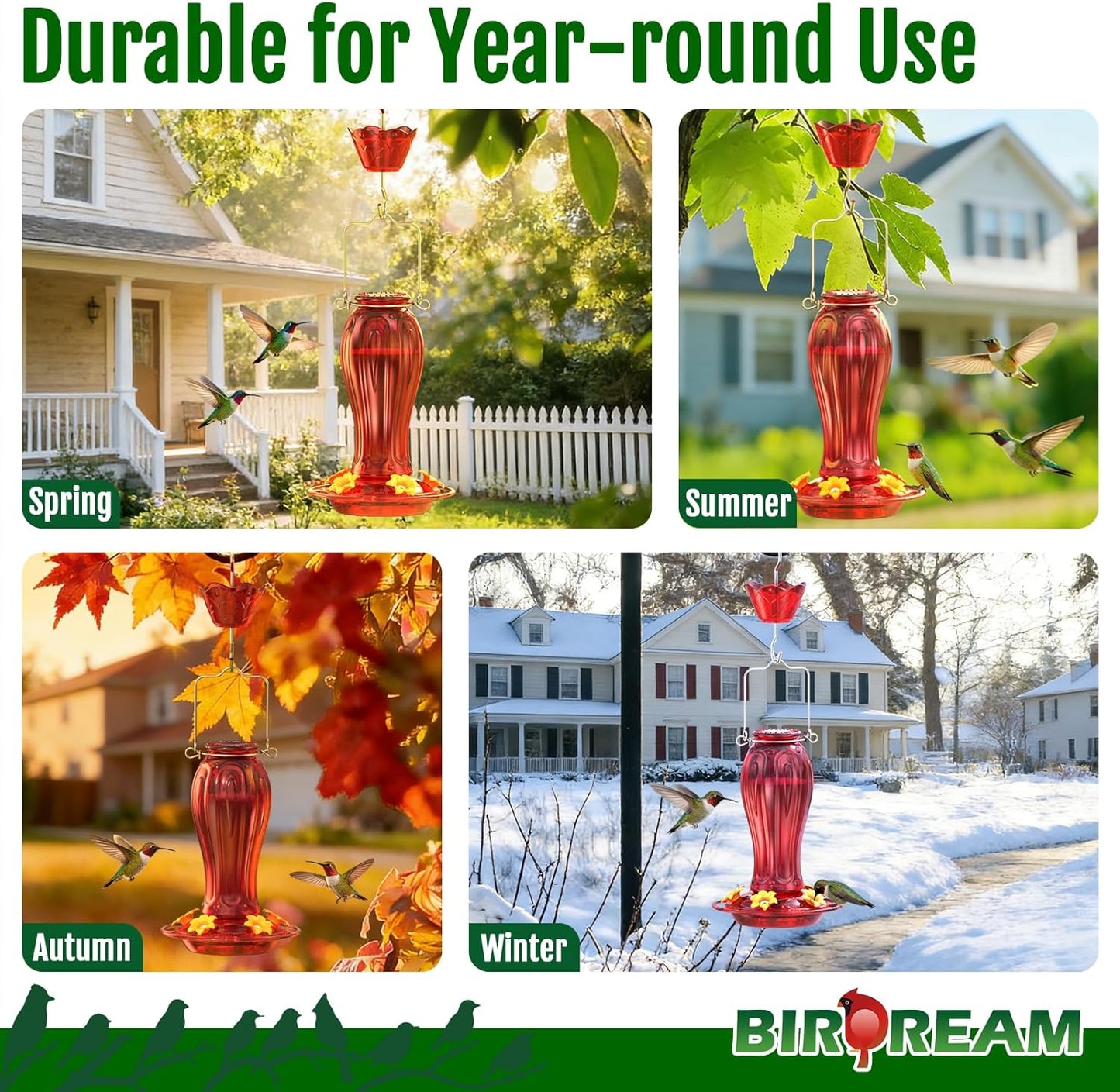 Birdream Glass Hummingbird Feeder for Outdoors, 18oz Hanging Nectar Holder with Ant Moat 5 Feeding Ports, Decorative Bird Feeder for Garden Patio Backyard, All Red