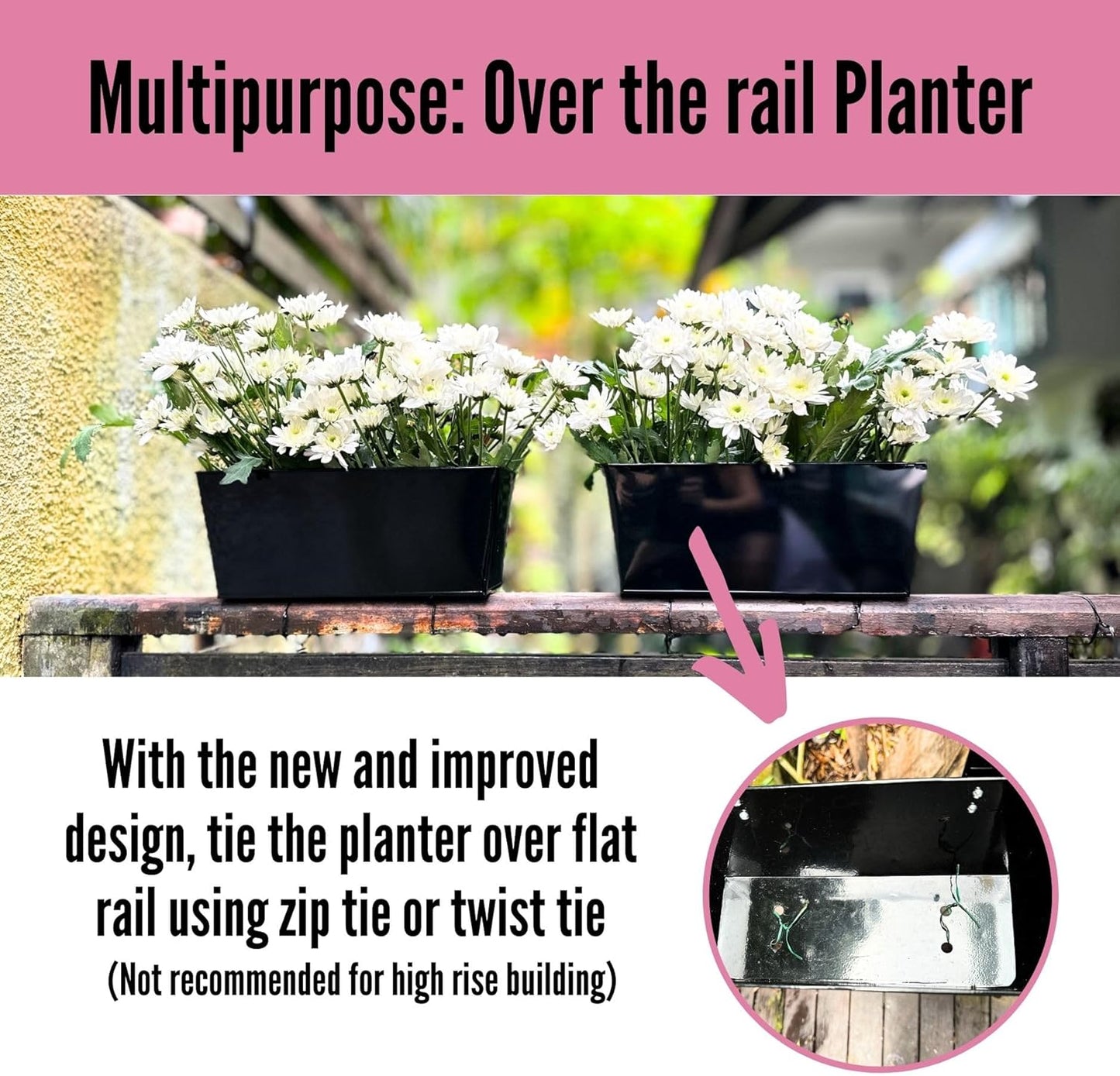 LaLaGreen Railing Planter (4 Pack, 14 Inch) Black Metal Rectangle Hanging Flower Pots Balcony Bucket Deck Rail Fence Trendy Long Strawberry Succulent Plant Holder Farmhouse Countryside Style Outside