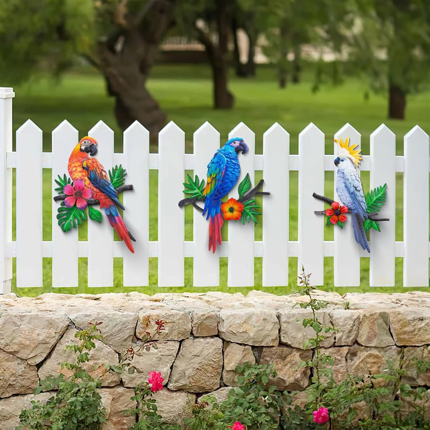 Metal Parrots Wall Art Decor Outdoor Decorations for Yard, Outdoor Garden Decor, Patio Mother's Day Decoration Gift Garden Metal Bird Wall Mother's Day Decor-12 Inches Parrot Large Hanging Wall Decor 3 Pack