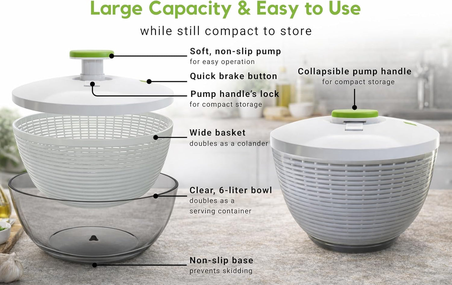 Brieftons 6.2-Quart Large Salad Spinner: Vegetable Washer Dryer Draine