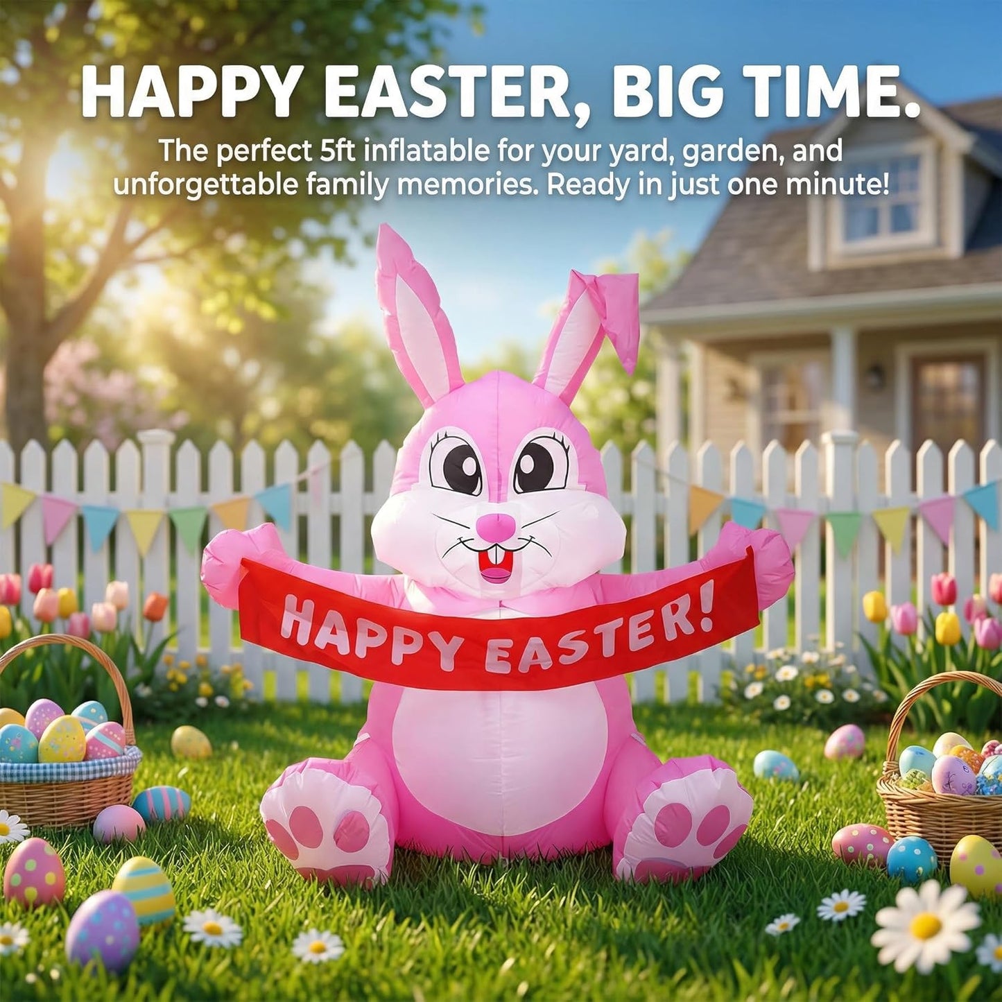 Easter Inflatables Outdoor Decorations for Home 5FT Inflatable Easter Bunny Happy Easter Built-in LED Lights Cute Blow Up Yard Decoration for Holiday Party Lawn Garden Decor
