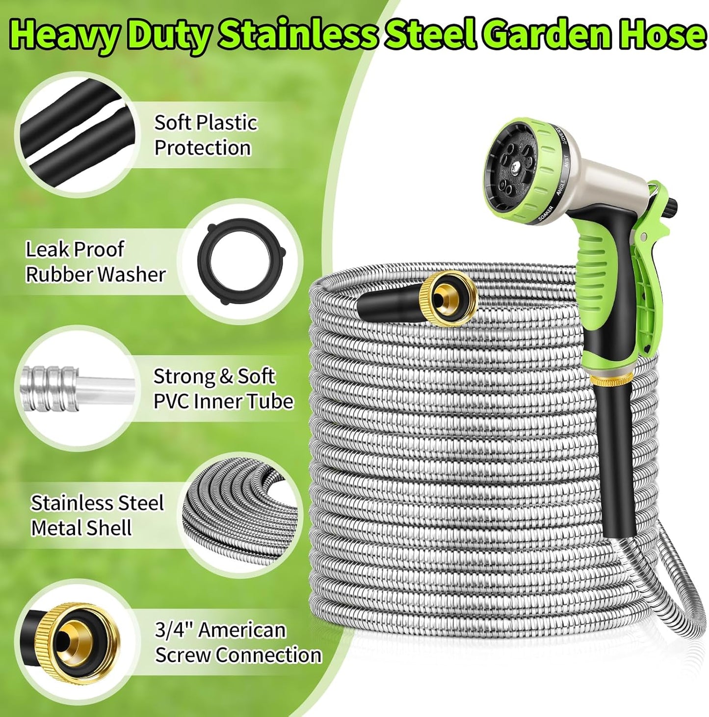 GOXAWEE Garden Hose 50FT, Stainless Steel Heavy Duty Water Hose With 1