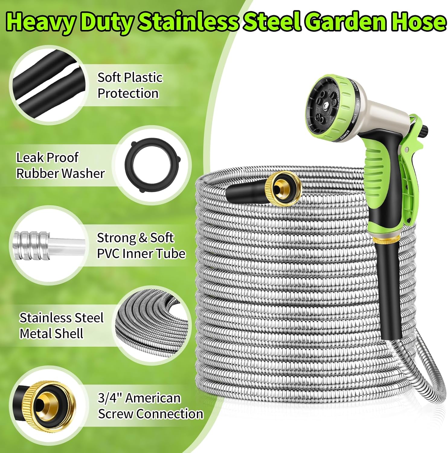 GOXAWEE Garden Hose 50FT, Stainless Steel Heavy Duty Water Hose With 1