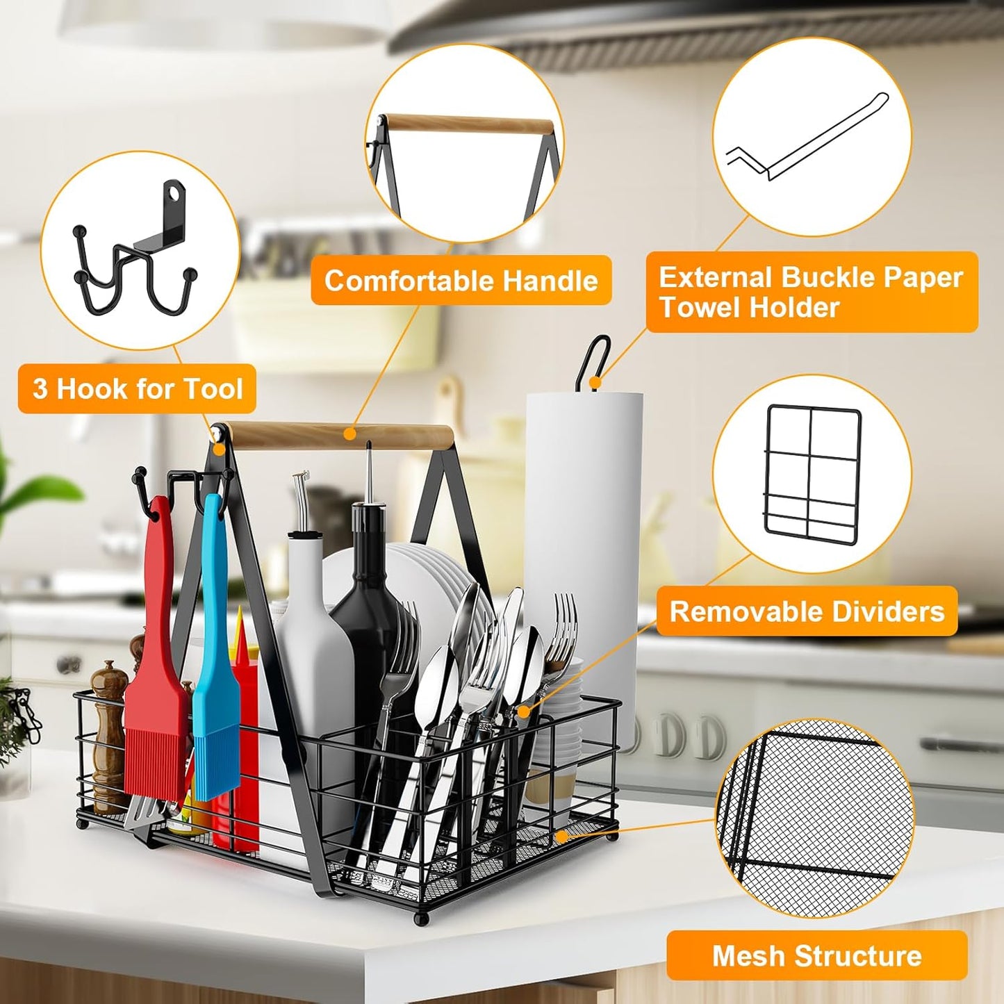 Grill Caddy, BBQ Caddy for Outdoor Grill with Paper Towel Holder, Picnic Utensil Caddyfor Outdoor Kitchen, RV, Patio, Tailgate, Camping Essentials, Grilling Gifts for Men, Barbecue Tool Sets