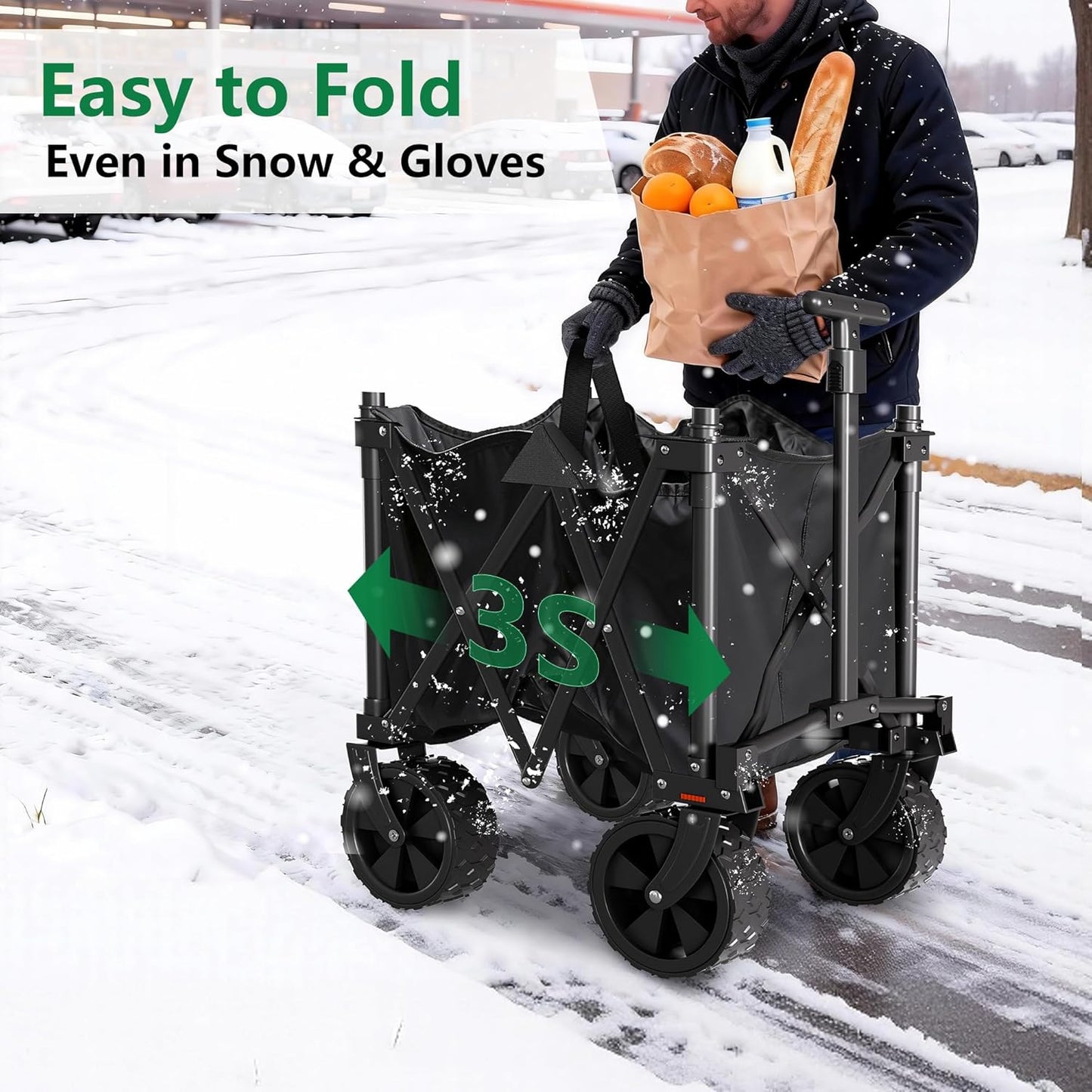 BEAU JARDIN Collapsible Folding Wagon Cart with Big Wheels Foldable Cart with 400LBS Capacity Utility Lightweight Wagon Heavy Duty Grocery Cart for Skiing Ice Fishing Camping Garden Shopping Christmas