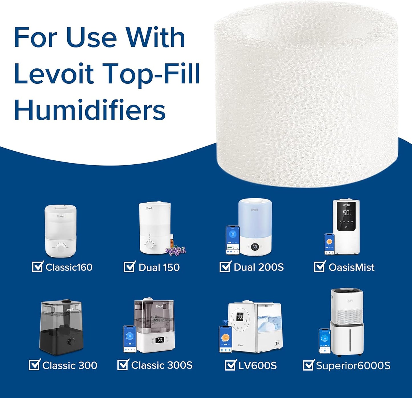 LEVOIT 10-Pack Top Fill Humidifier Replacement Filters, Capture Particles to Improve Humidification Efficiency, for Classic160, Dual150, Dual200S, Classic300(S), LV600S, OasisMist450S, Superior6000S