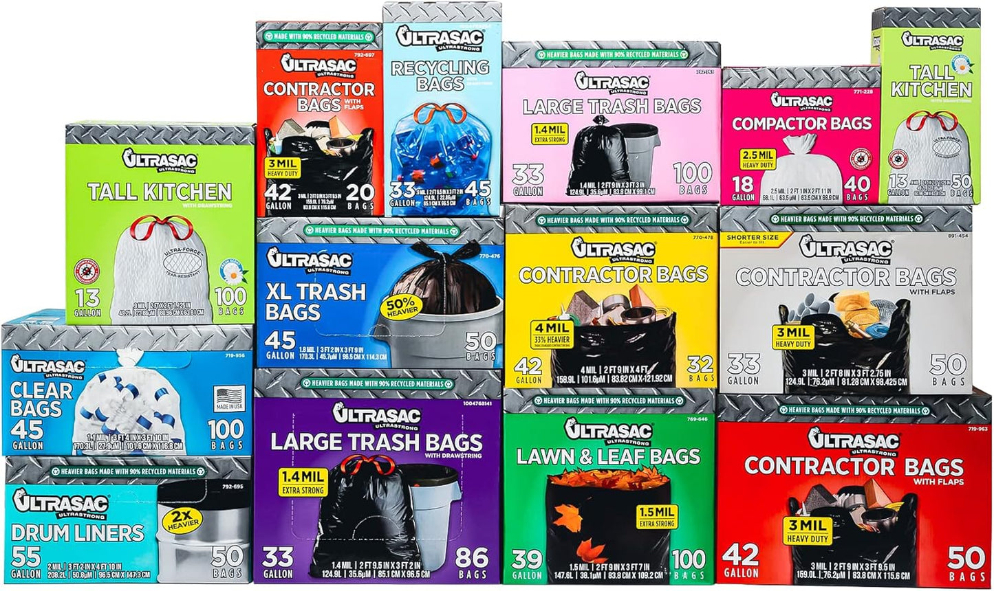 Ultrasac Trash Compactor Bags - (40 Pack with Ties) 18 Gallon for 15 inch Compactors - 25" x 35" Heavy Duty 2.5 MIL Garbage Disposal Bags Compatible with Kitchenaid Kenmore Whirlpool GE Gladiator