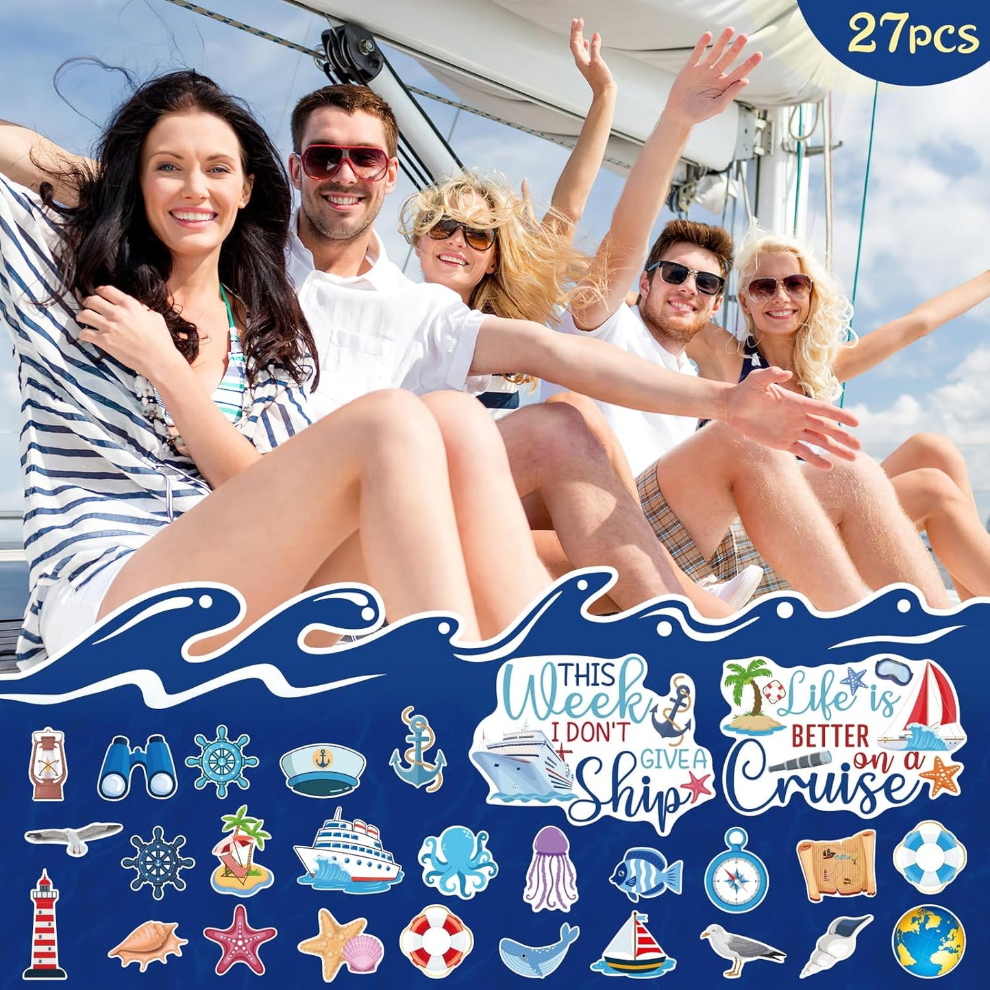27PCS Cruise Door Decorations Magnetic, Large Nautical Ship Magnets Reusable Funny Carnival Cruise Cabin Magnets Stickers for Door Decorations Fridge Car Computer