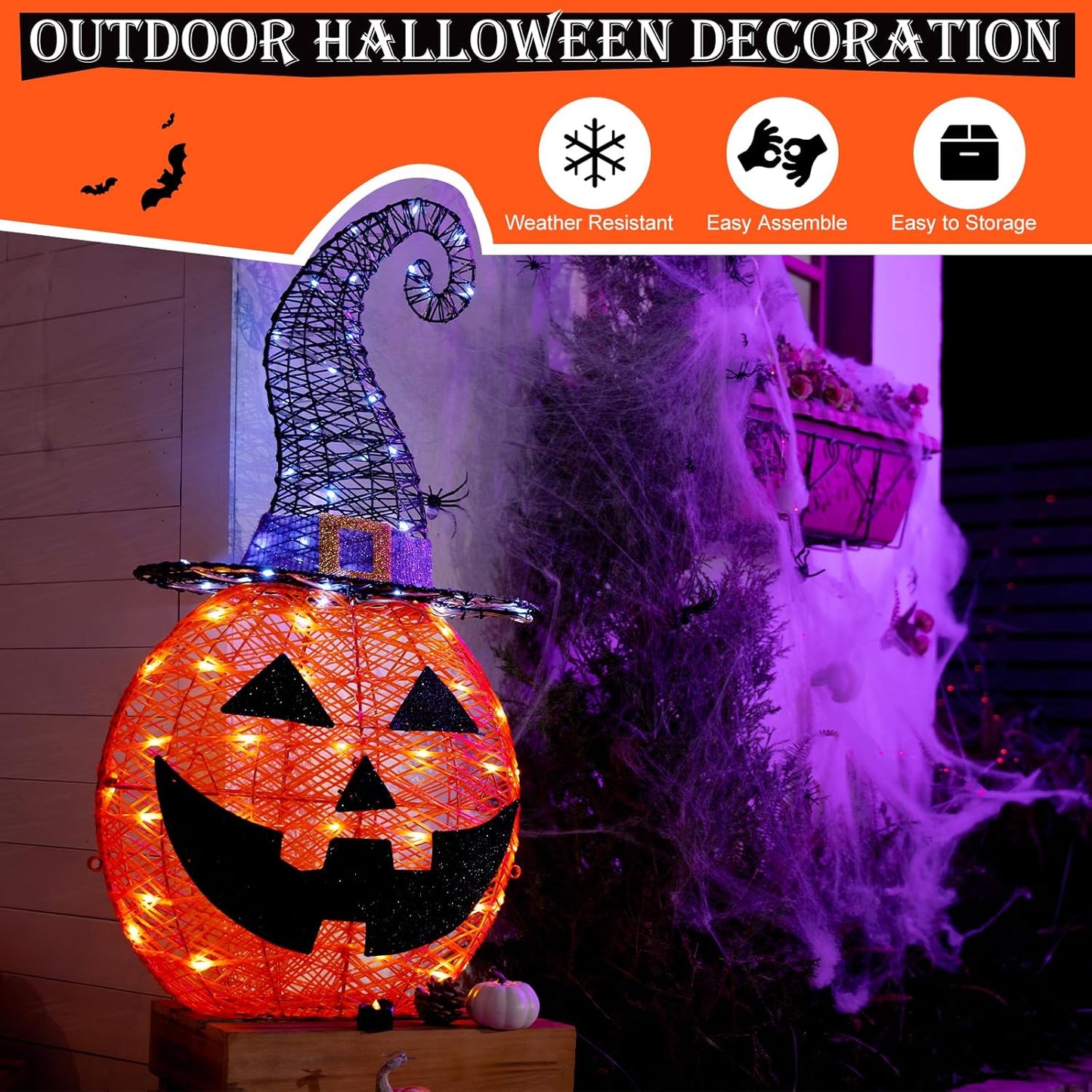 3FT Halloween Decorations Outdoor, 75 LED Pre-Lit Light Up Halloween P