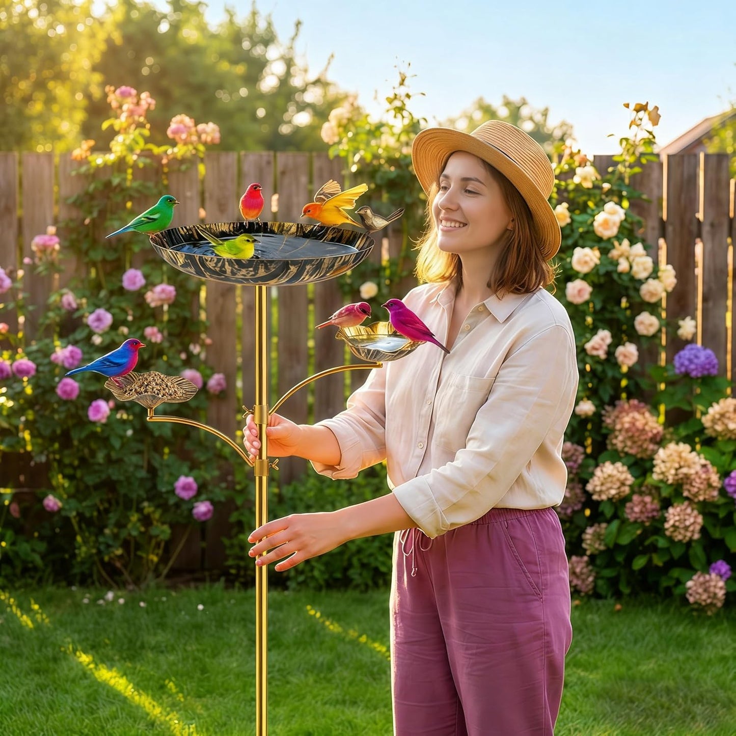 Triple Bowl Bird Bath for Outside, 3-in-1 Bird Bath & Feeder with 4-Claw Ground Stake, 51in Height, 11.8in Large Top Bowl, Outdoor Birdbath for Garden Patio Yard Decor, Antique Bronze