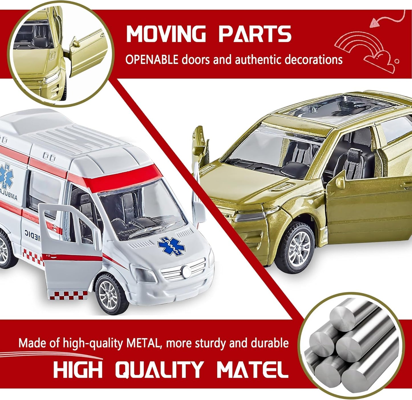 KIDAMI Die-cast Metal Toy Cars Set of 5, Openable Doors, Pull Back Car