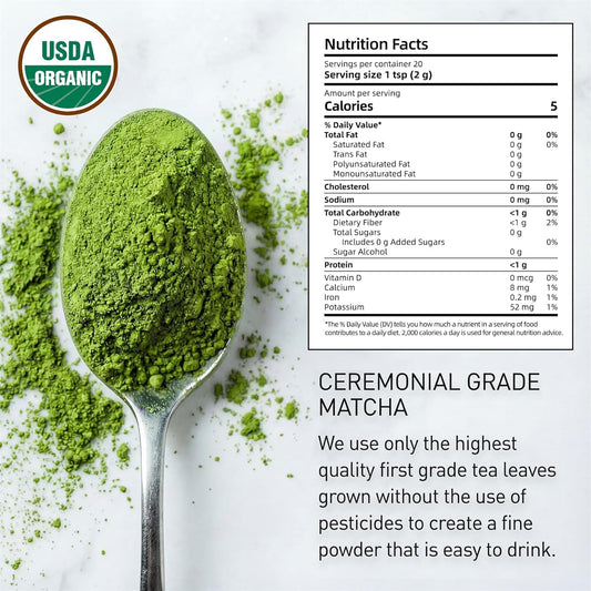35°N MATCHA Organic Ceremonial Grade Matcha Powder, USDA Certified, 100% Pure Green Tea, First Harvest, No Additives, High in Antioxidants, L-Theanine & EGCG, Smooth Taste for Lattes & Baking, 1.4oz (40g)