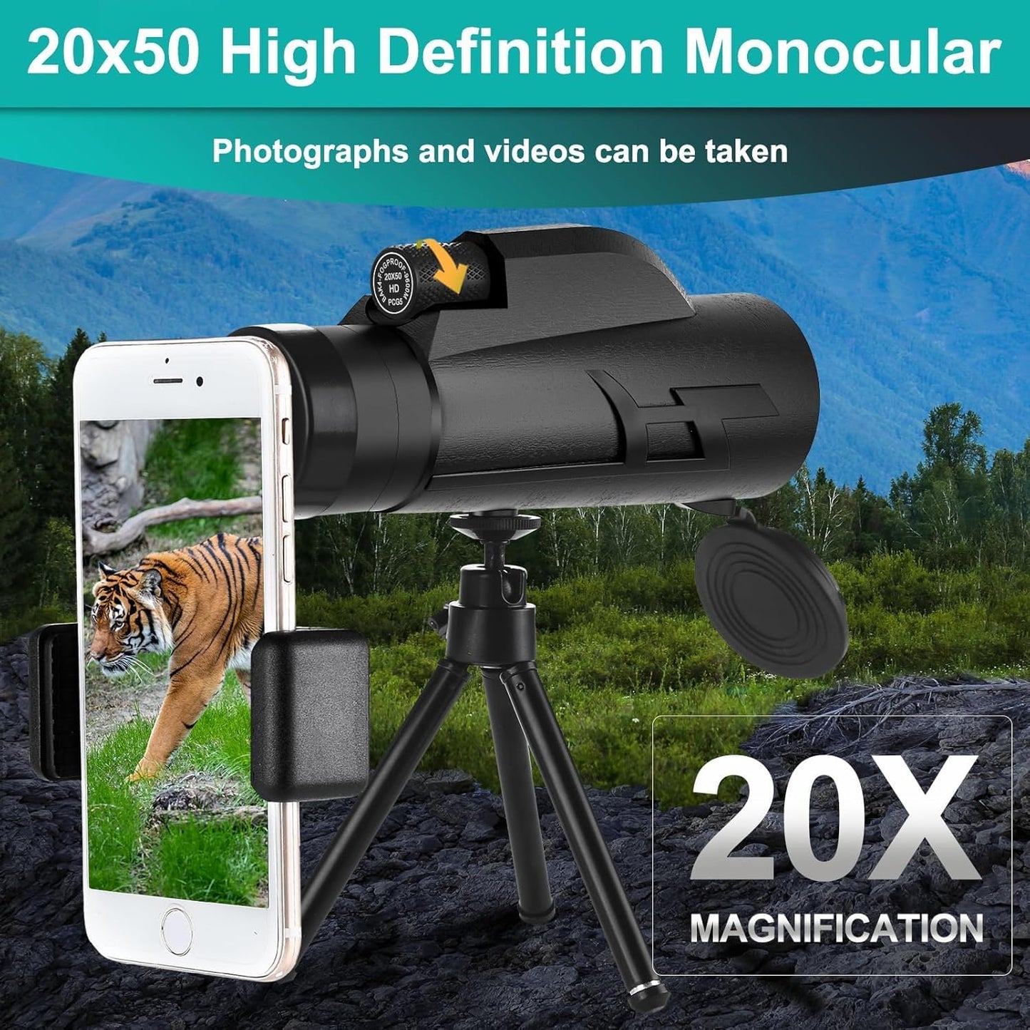 20x50 HD Monocular for Adults with Phone Adapter and Tripod, 50mm Objective Lens, Multi-Coated Optics, BaK-4 Prism, Belt Case