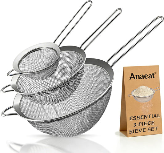 Anaeat Fine Mesh Strainers - Premium Stainless Steel Colander Sieve Sifters, with Durable Mesh and Sturdy Handle, Excellent for Sifting Dry ingredients, Flour, Pastas, Rice, Tea (3.15"+5.5"+7.87")