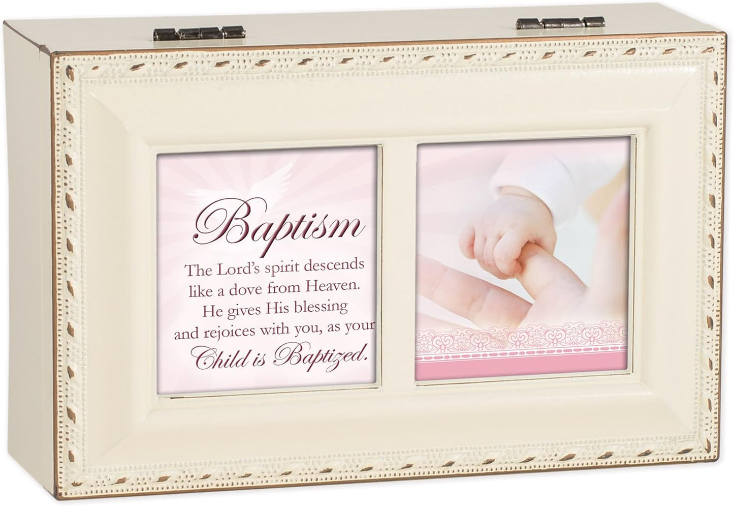 Cottage Garden Baptism Spirit Descends Like a Dove Matte Ivory Jewelry Music Box Plays Jesus Loves Me