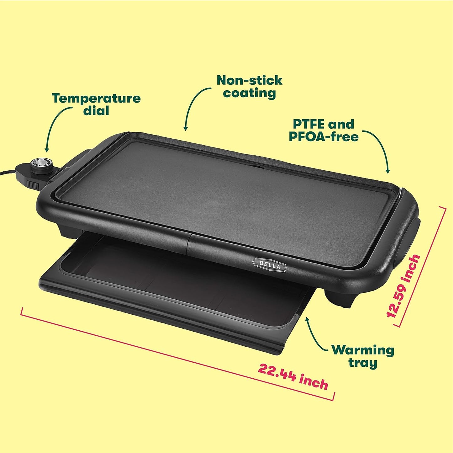 bella Electric Griddle with Warming Tray - Smokeless Indoor Grill, Non