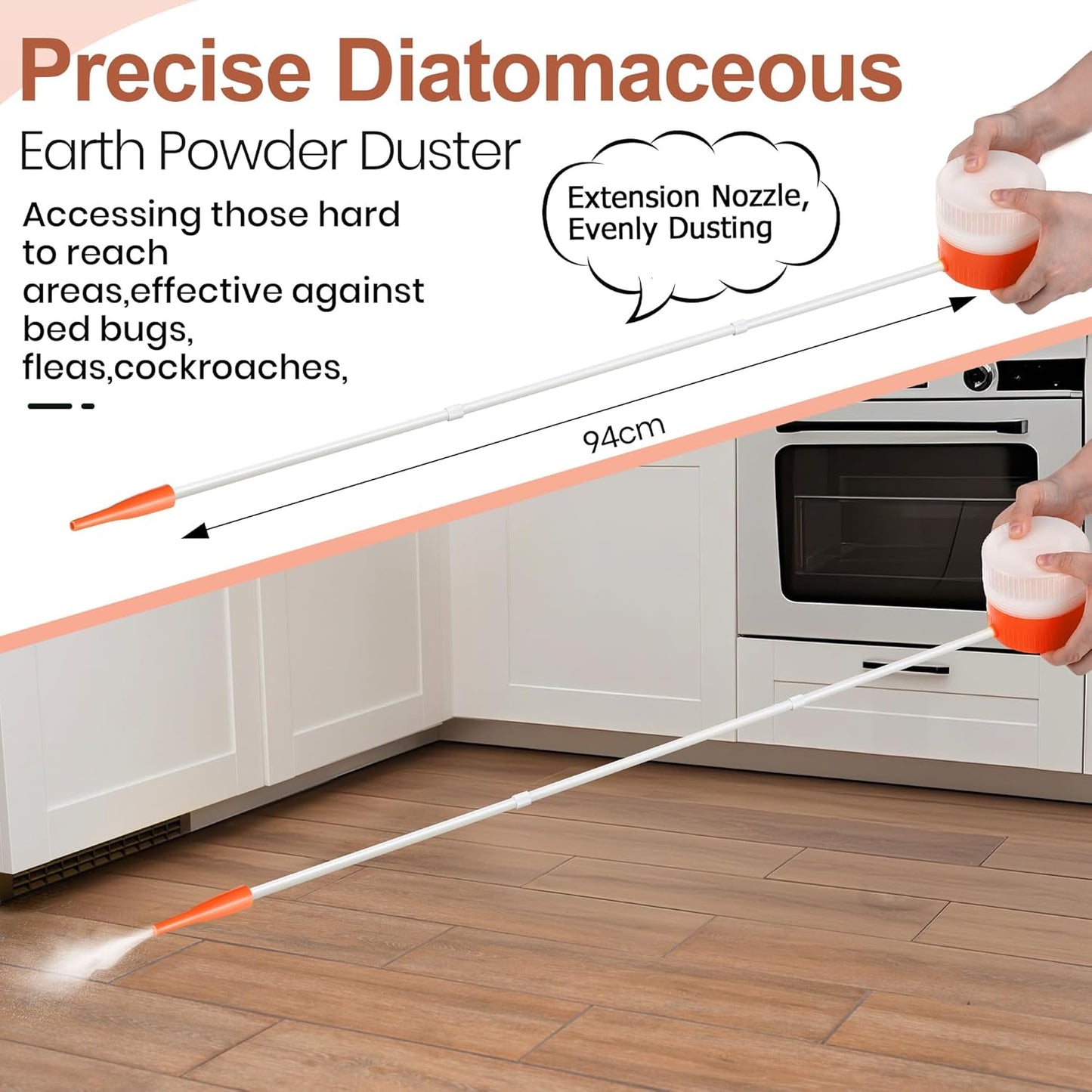 Diatomaceous Earth Powder Duster with Adjustable 12'' to 36'' Extension Nozzle, Precise Spray Powder Applicator for Pest Control, Lawn and Home Maintenance, Indoor & Outdoor Use (Orange)