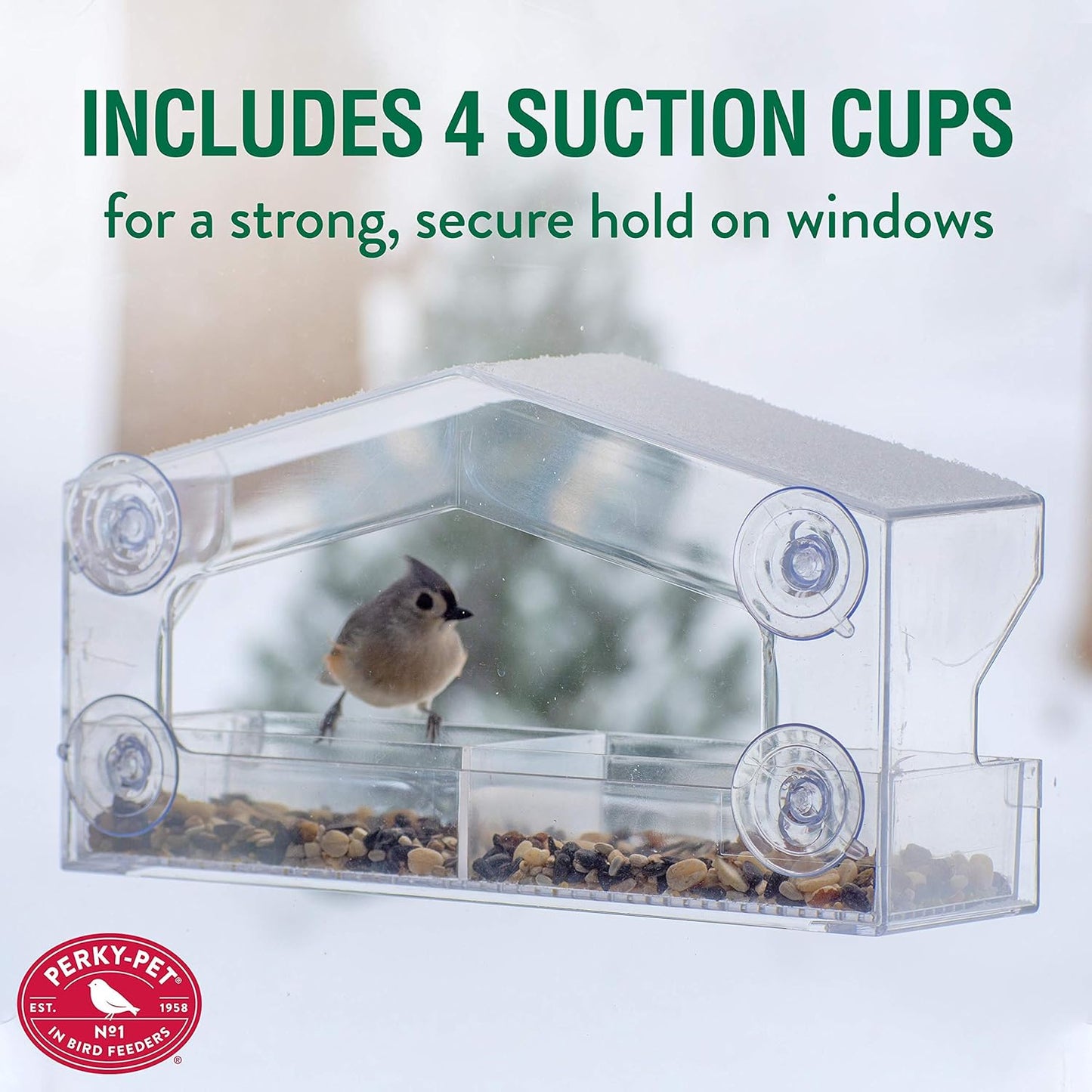 Perky-Pet Clear Outdoor Window Bird Feeder with Strong Suction Cups – 1 Lb Seed Capacity - Perky Pet 347 - Entertaining Bird Feeding - Great Gift Idea, Outdoor Decor