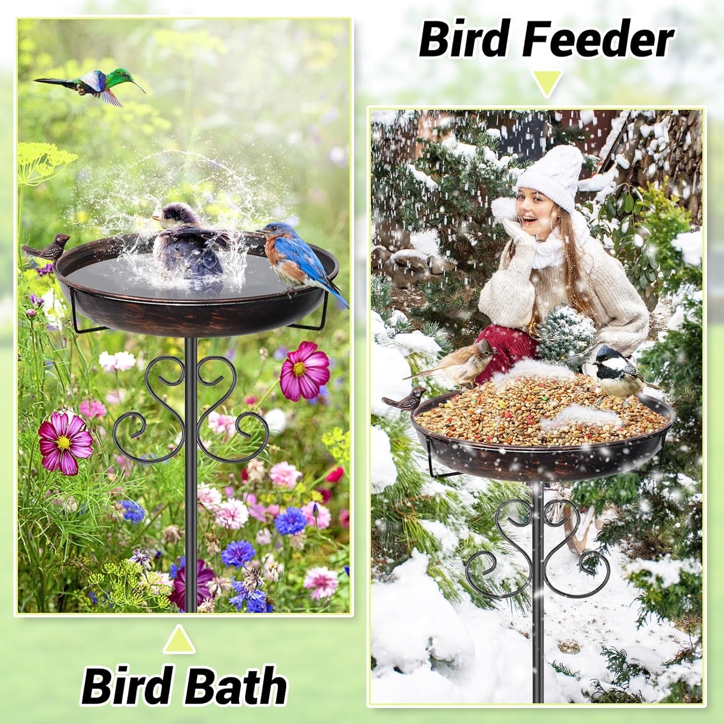Metal Bird Bath for Outdoors, Vintage Freestanding Birdbaths with Bird Statue 12" Detachable Birdfeeder Bowl with 5- Pronged Base for Outside Garden Patio Yard Lawn Decor (Vintage Bronze)
