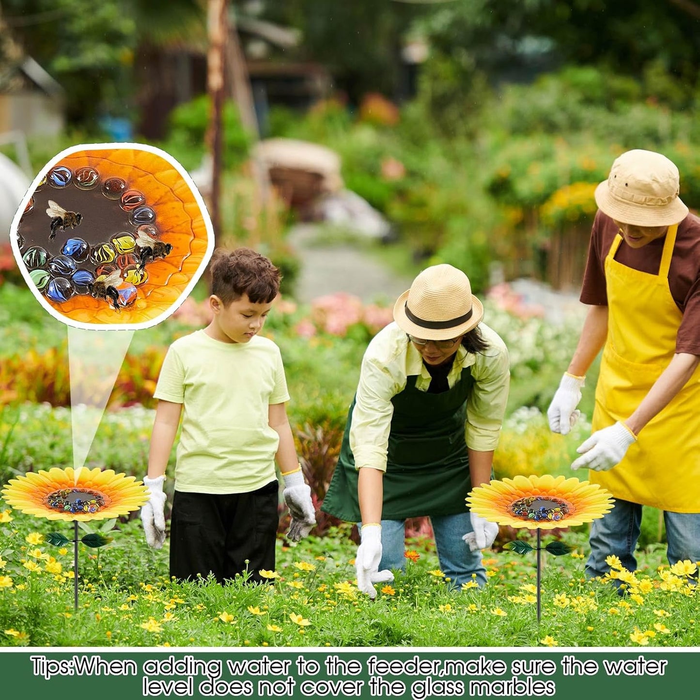 Tandefio Vivid Flower Bee Watering Station Metal Butterfly Water Feeder Cup with 30 Colorful Glass Marbles Bee Feeder Butterfly Bath Bowl for Garden Outdoor Yard Decors(Yellow Red,Sunflower)