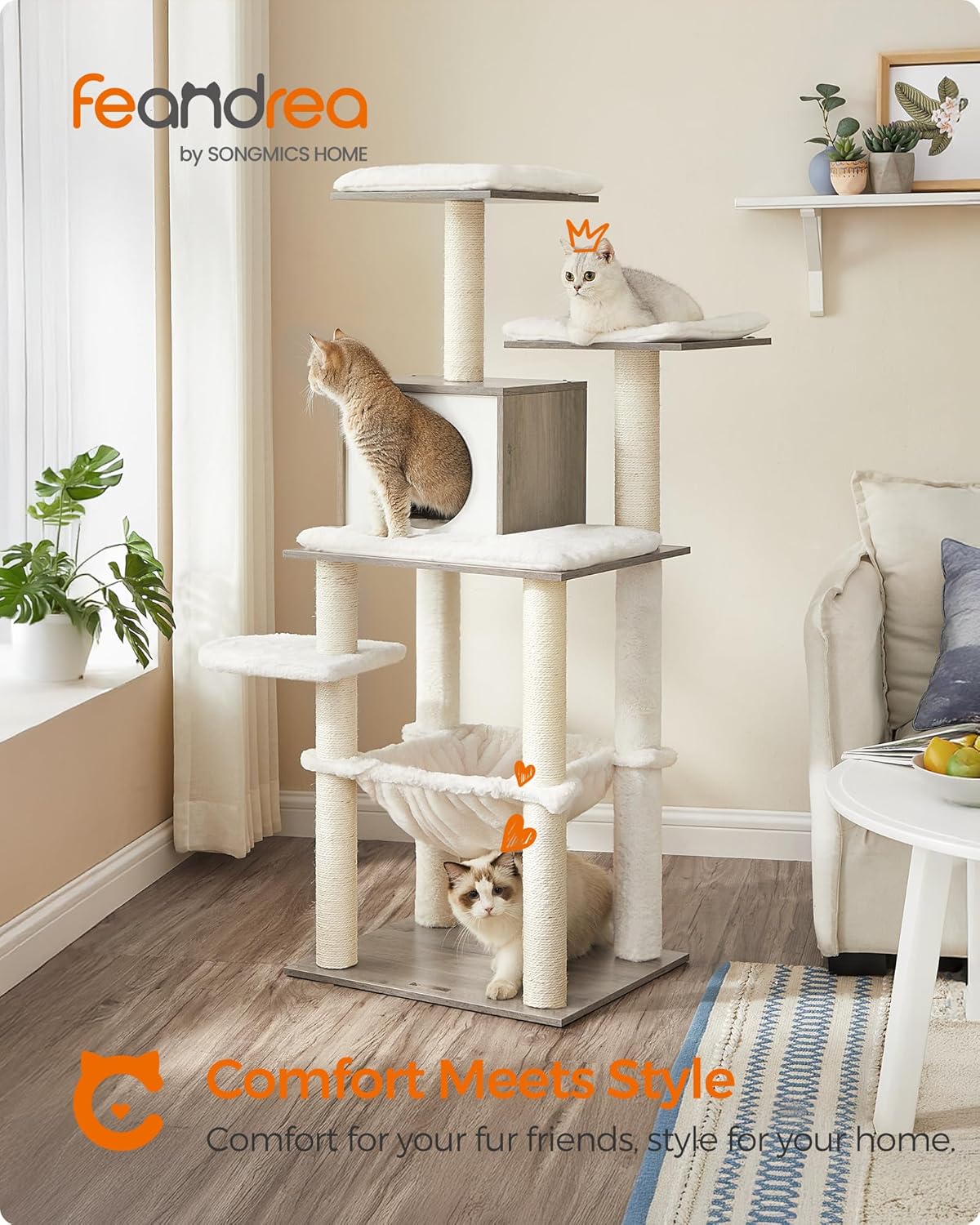 Feandrea Cat Tree, 56.3-Inch Modern Cat Tower, Multi-Level Plush Condo