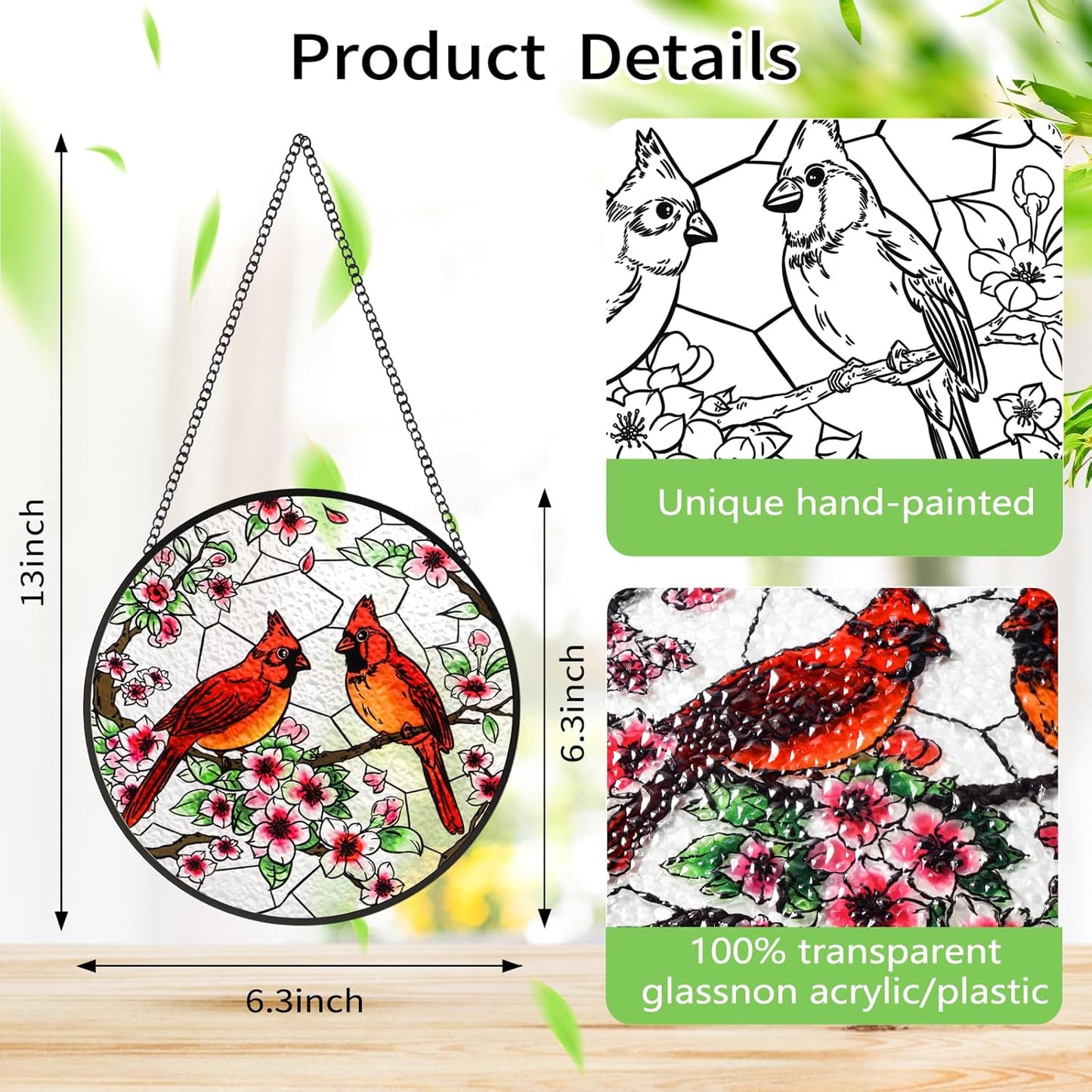 Stained Glass Window Hanging, Cardinal Sun Catchers Colorful Glass Panel Bird Suncatcher Indoor Window Wall Art Home Decor Gift for Birthday Christmas, for Women,Men,Wife, Lovers, and Mom 6.3 in