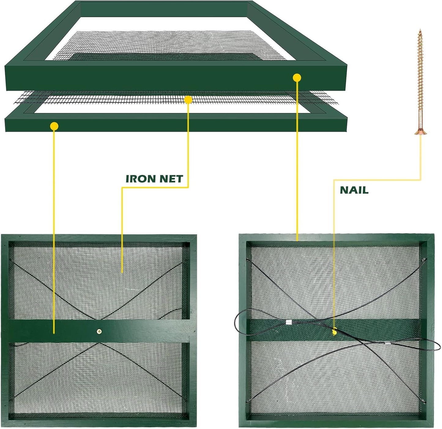 MIXXIDEA Bird Feeder Hanging Tray, Bird Feeders for Outdoors, Wooden Seed Tray Platform Mesh Seed Platform for Garden Yard Outside Decoration Attracting for Wild Birds (Green-1pk)