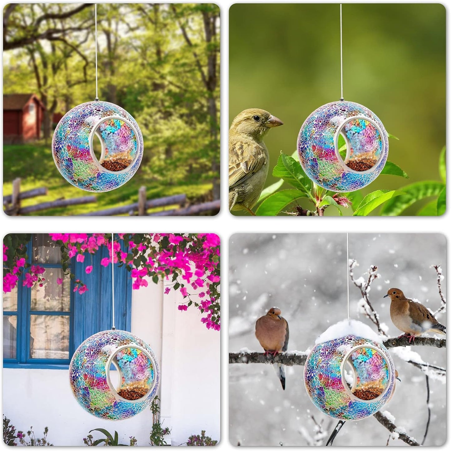 Bird Feeder Mosaic Fly Through Bird Feeder for Outside Hanging with Round Shape Glass Feeders to Attract Wild Birds for Garden, Deck, Yard, Backyard and Porch Decor, 7-Inch