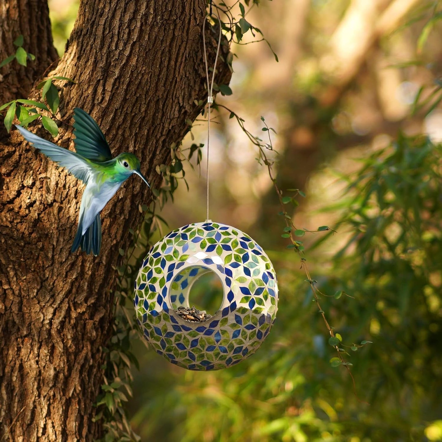 Mosaic Bird Feeder - Outdoor Fly Through Wild Hanging Bird Feeders with Mosaic Glass Design for Garden, Yard, Backyard, Deck and Porch Decor, 9 Inch