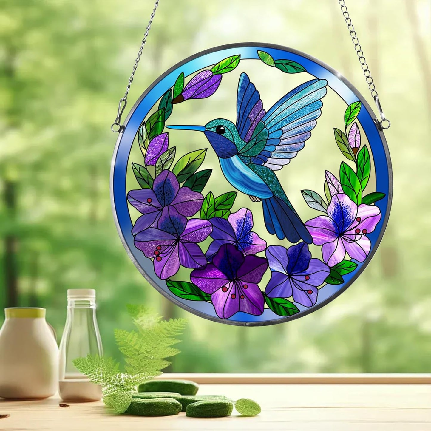 Stained Glass Sun Cather for Window Hanging, Hummingbird Suncatcher with Purple Flowers for Indoor Ornament, Bird Stain Glass Home Decor for Women, Mom, Grandma