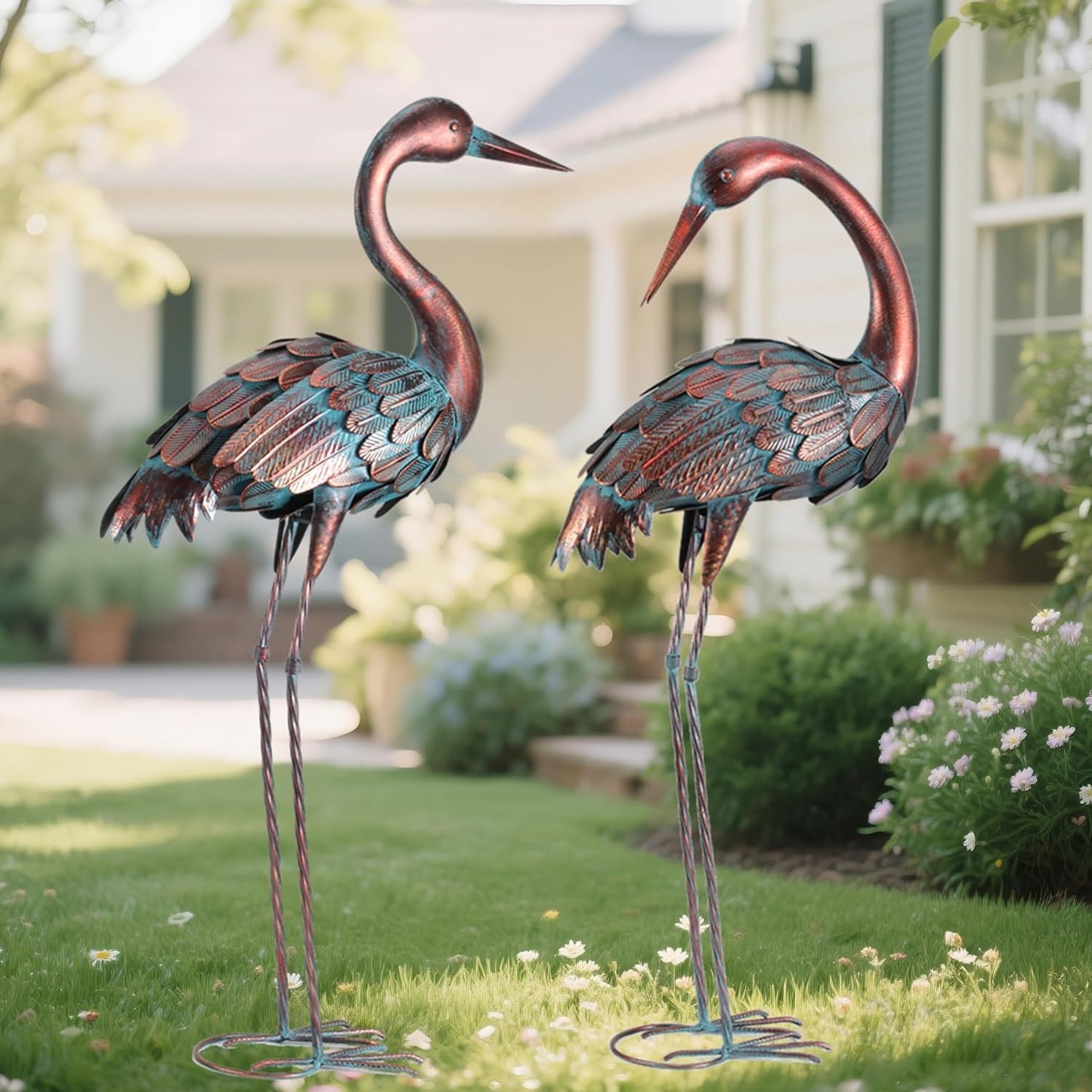 chisheen Crane Garden Statues Outdoor Yard Decorations Metal Heron Yard Art Bird Sculpture Decor for Outside Lawn Patio Large Size, for Women Mom,Set of 2