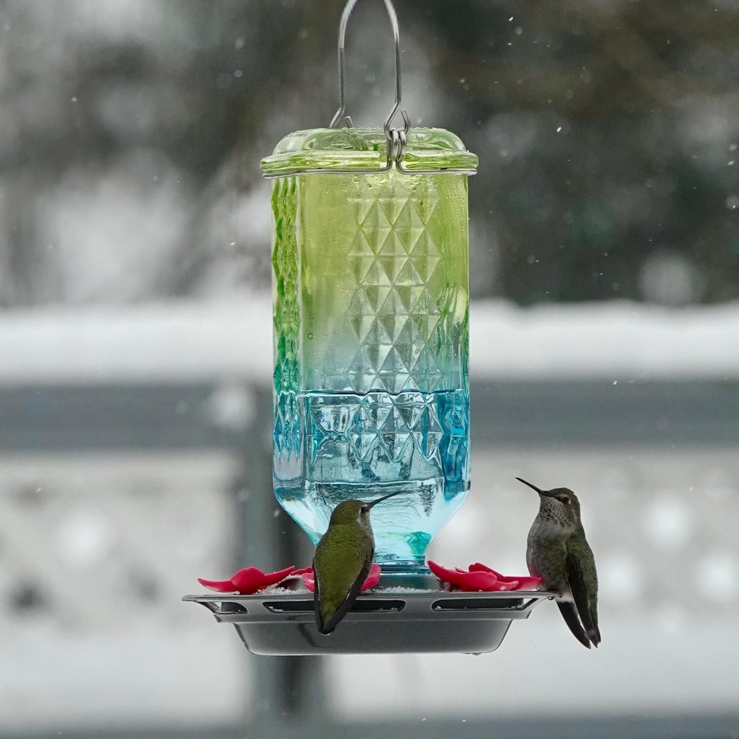 Seafoam Ombre Column Gravity Glass Hummingbird Feeder for Outdoor Décor, 23 oz Nectar Feeder with 6 Flexible Flower Ports, Continuous Perch Ring & Easy-Clean Two-Part Base, Bee-Resistant Design