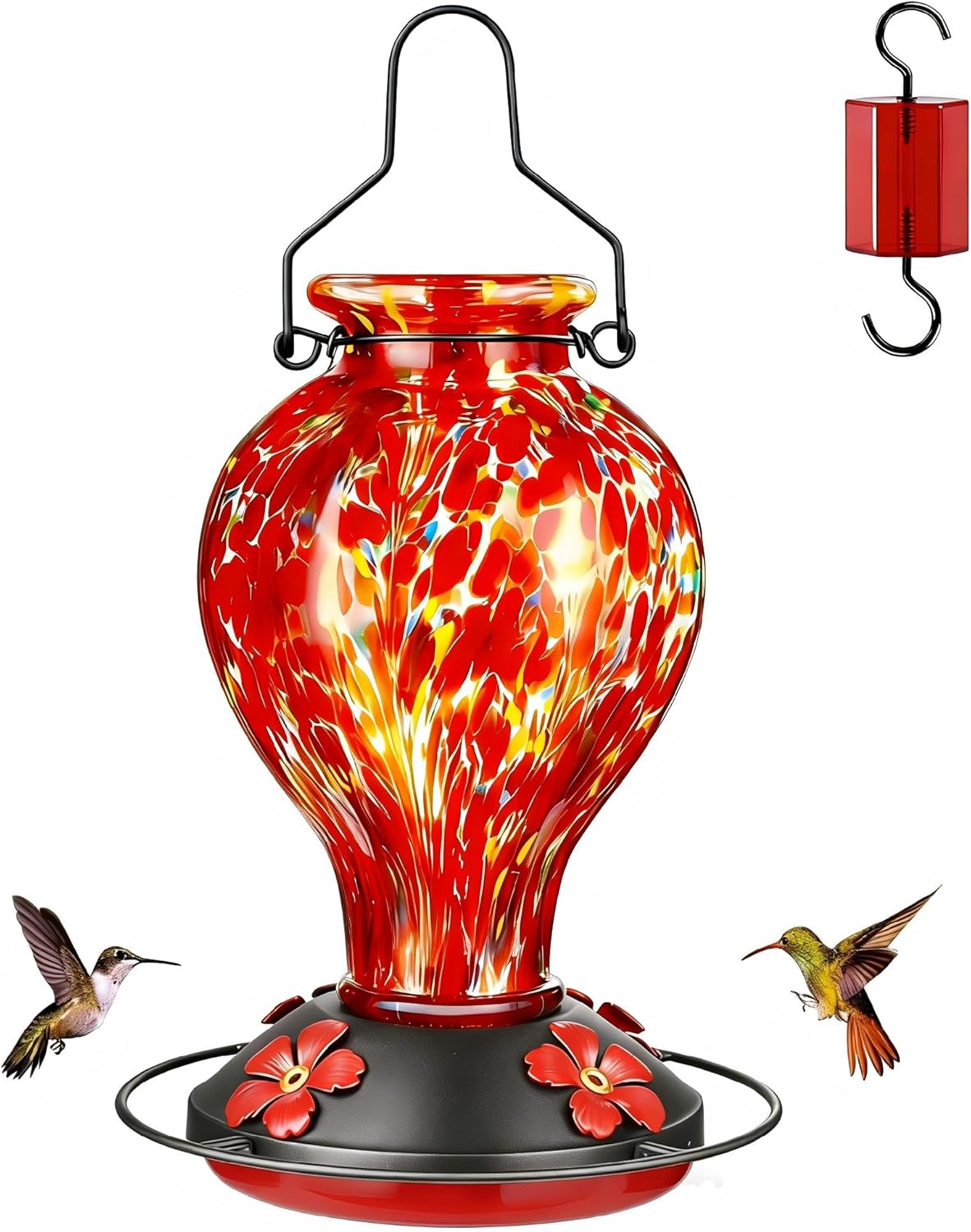 Hand Blown Glass Hummingbird Feeders for Outdoors Hanging, 24oz Wild B