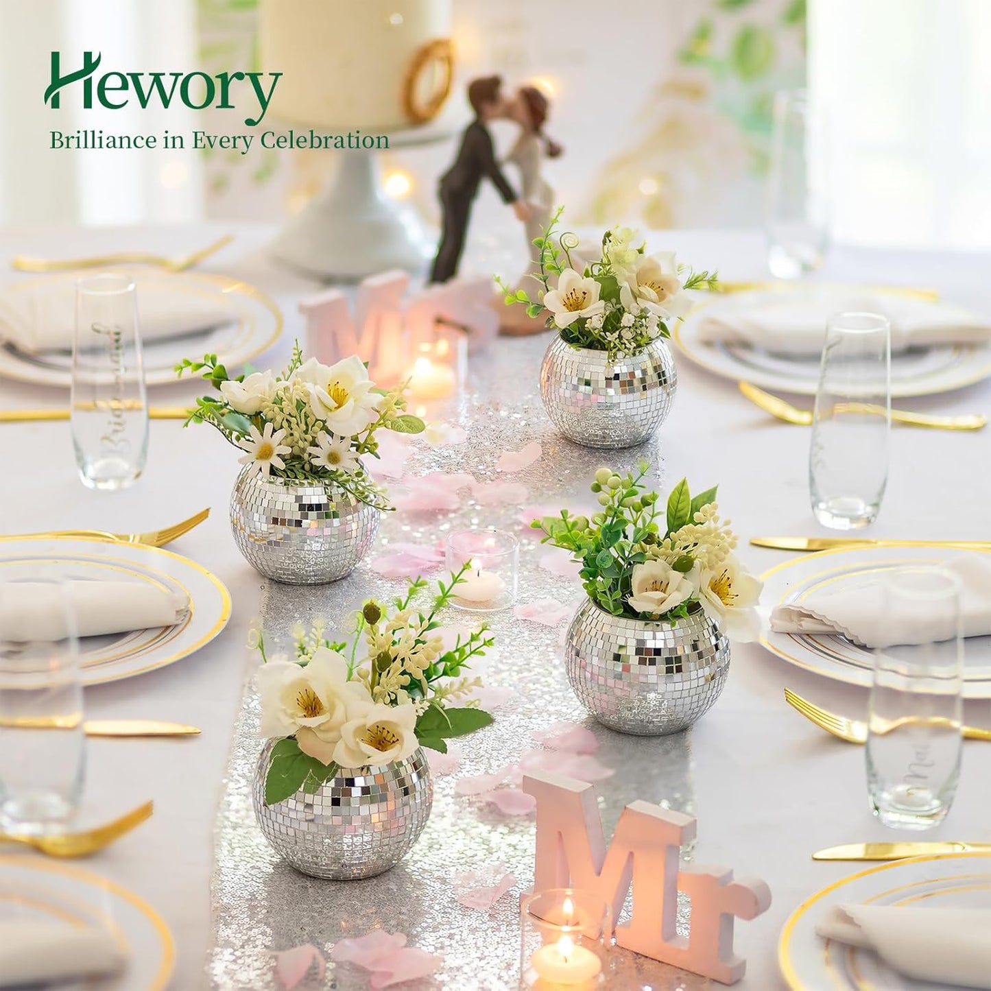 Disco Ball Vases for Table Centerpieces - Hewory 6pcs Silver Mirror Glass Planters Flower Pot Containers, Bulk Disco Balls Bowl Candle Holders for Wedding Bridal Shower Birthday Events Party Decor