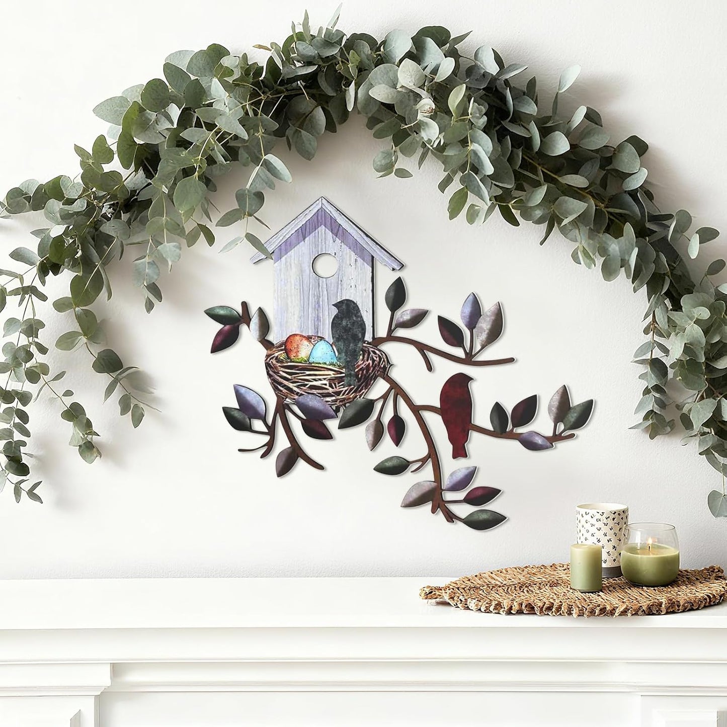 Vehookin Metal Bird Wall Decor, Bird Art Wall Decor with Adhesives & Nails, Birdhouse Metal Wall Hangings for Living Room Bedroon, Outdoor Garden Porch, 12.2 x 10.6 inches
