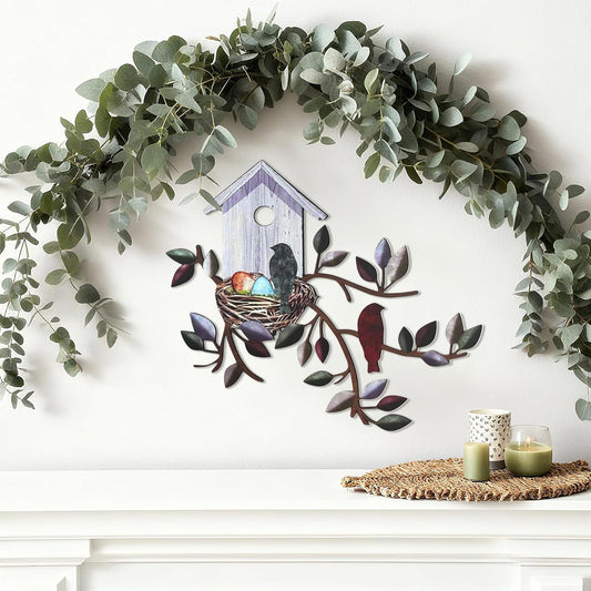 Vehookin Metal Bird Wall Decor, Bird Art Wall Decor with Adhesives & Nails, Birdhouse Metal Wall Hangings for Living Room Bedroon, Outdoor Garden Porch, 12.2 x 10.6 inches
