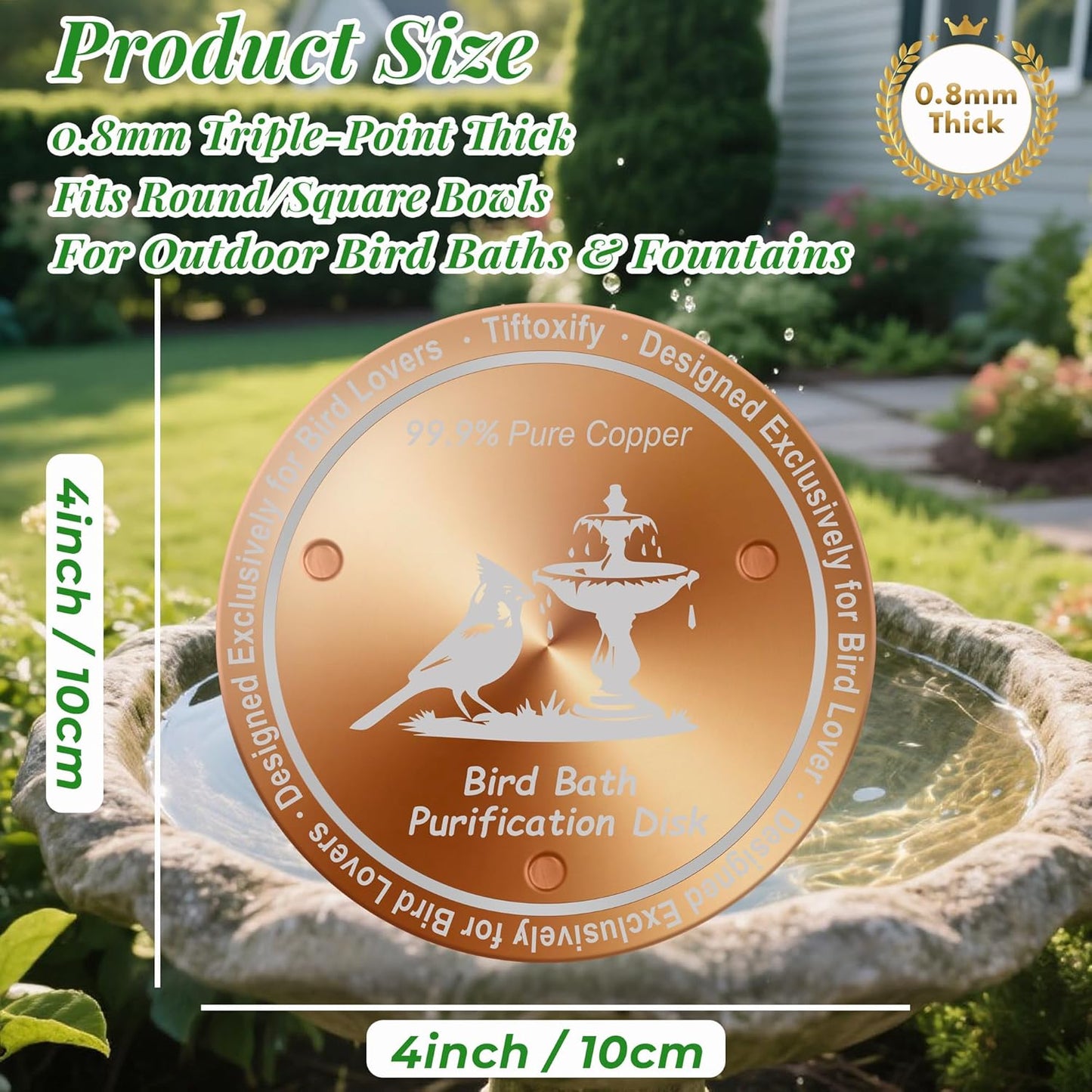 0.8mm Reinforced 99.99% Pure Copper Bird Bath Disk - Triple-Point Support Design for Physical Safe Water Maintenance, Universal Fit All-Season Outdoor Birdbaths Bowls, 1Pcs