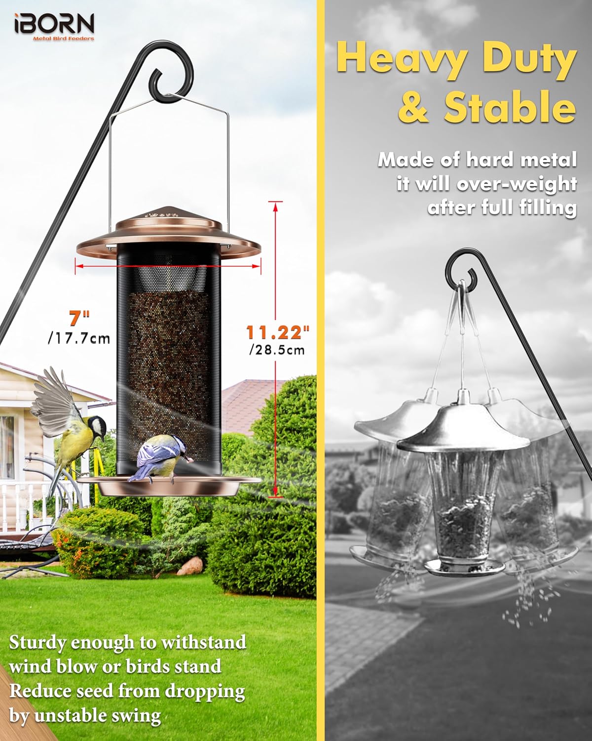 iBorn Bird Feeders for Outdoors, All Metal Mesh Tube, Holding Bird See