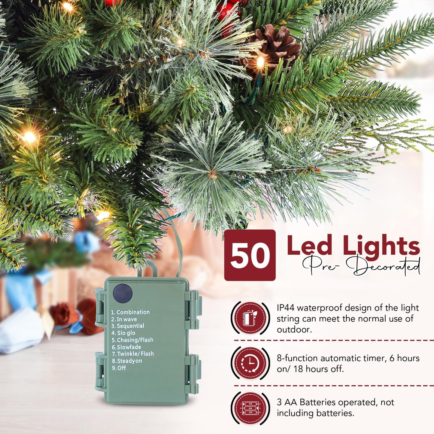 1 Pcs 30 Inch Christmas Tree Green Outdoor Planter Pots Filler Prelit Xmas Pine Trees with Cones and Red Berries 50 Warm White LED with 8 Light Modes and Timer for Yard