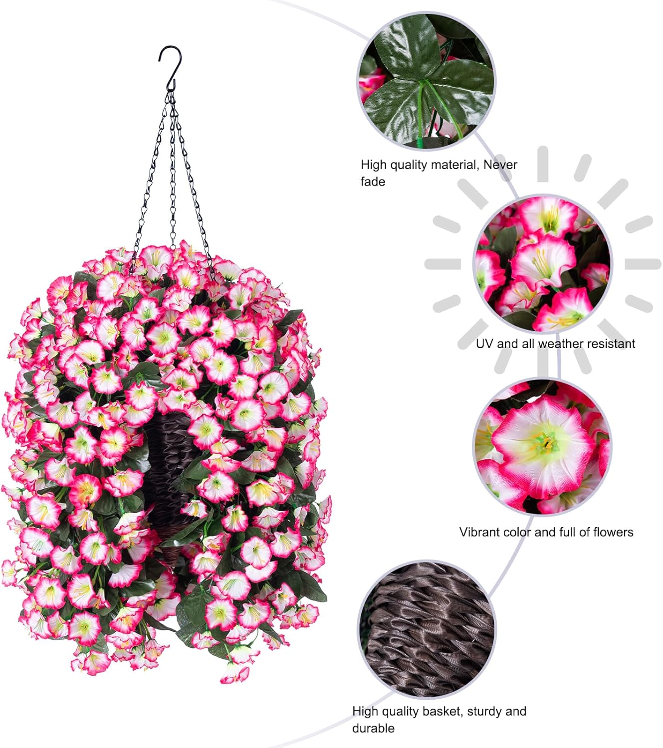 Artificial Fall Hanging Flowers in Basket Fake Plant for Outside, Silk Pink Morning Glory Flower Arrangement for Outdoor Decor, UV Resistant Realistic Floral Planter for Porch Patio Balcony