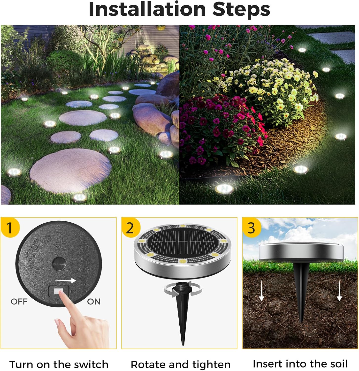 6 Pack Solar Ground Lights Outdoor, 8 LED Mini Flat Solar Disc Lights,