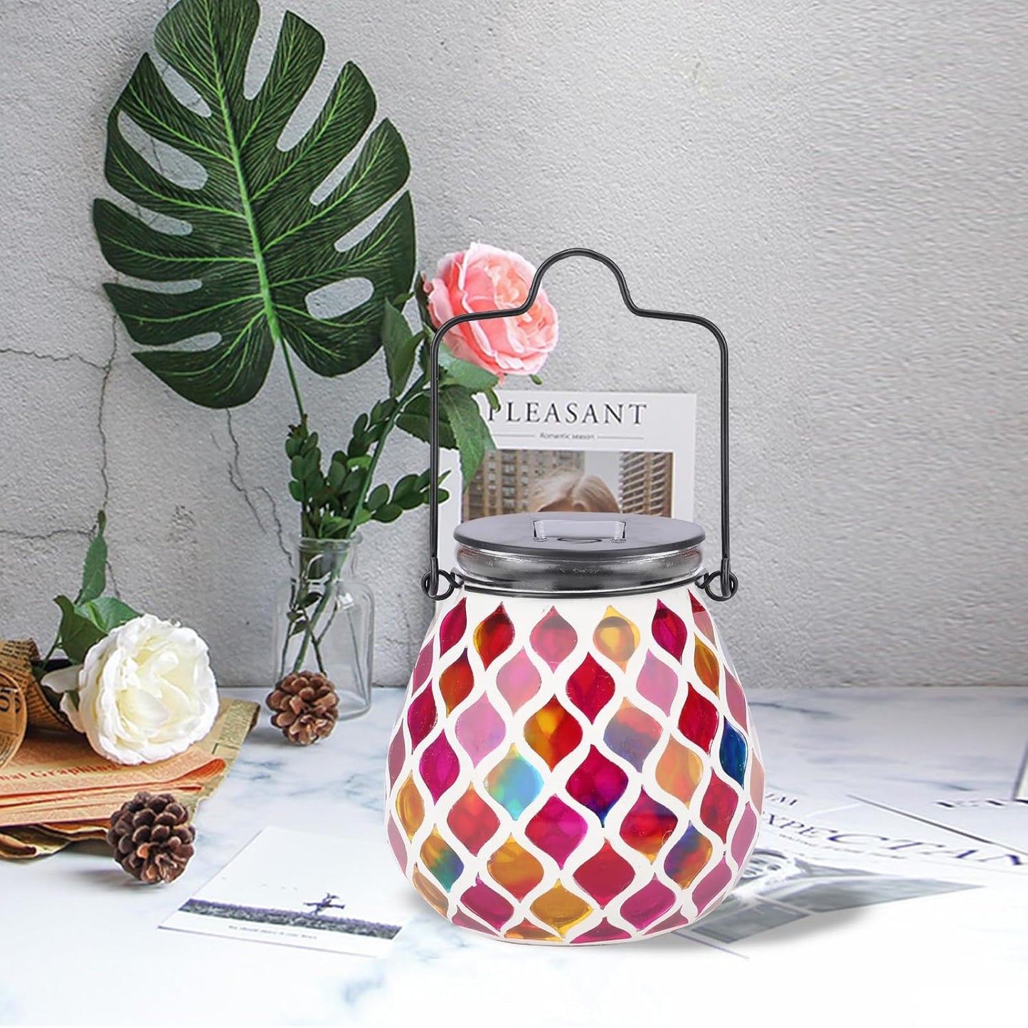 Bshine Mosaic Solar Lantern Outdoor Hanging Waterproof, Pink Mosaic Light Indoor Valentine's Day Decor Table, Garden Decor for Yard Outside, Path, Lawn, Birthday Gift for Mom Women